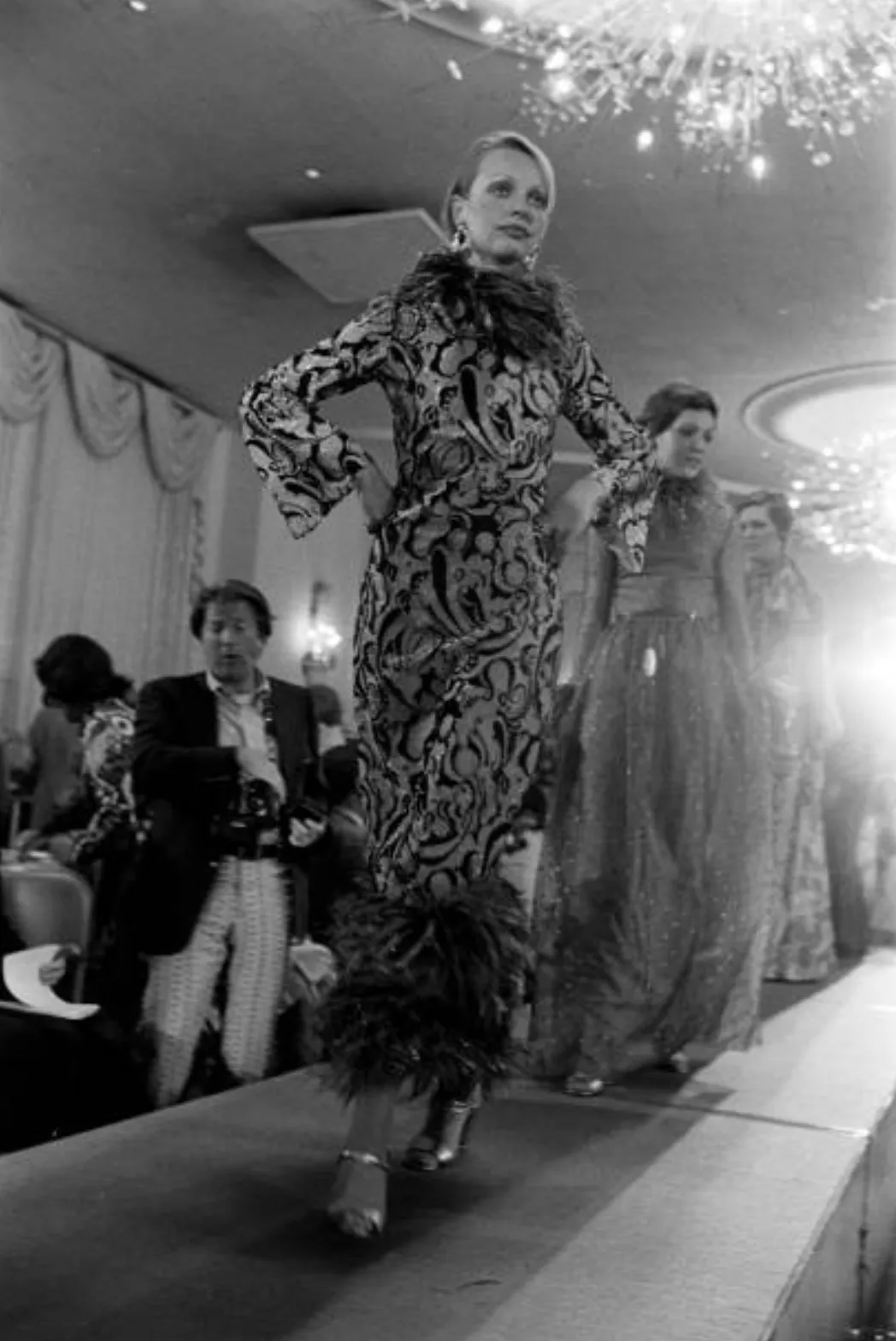 Fall 1973 Feather & Metallic Silk & Velvet Bill Blass Dress