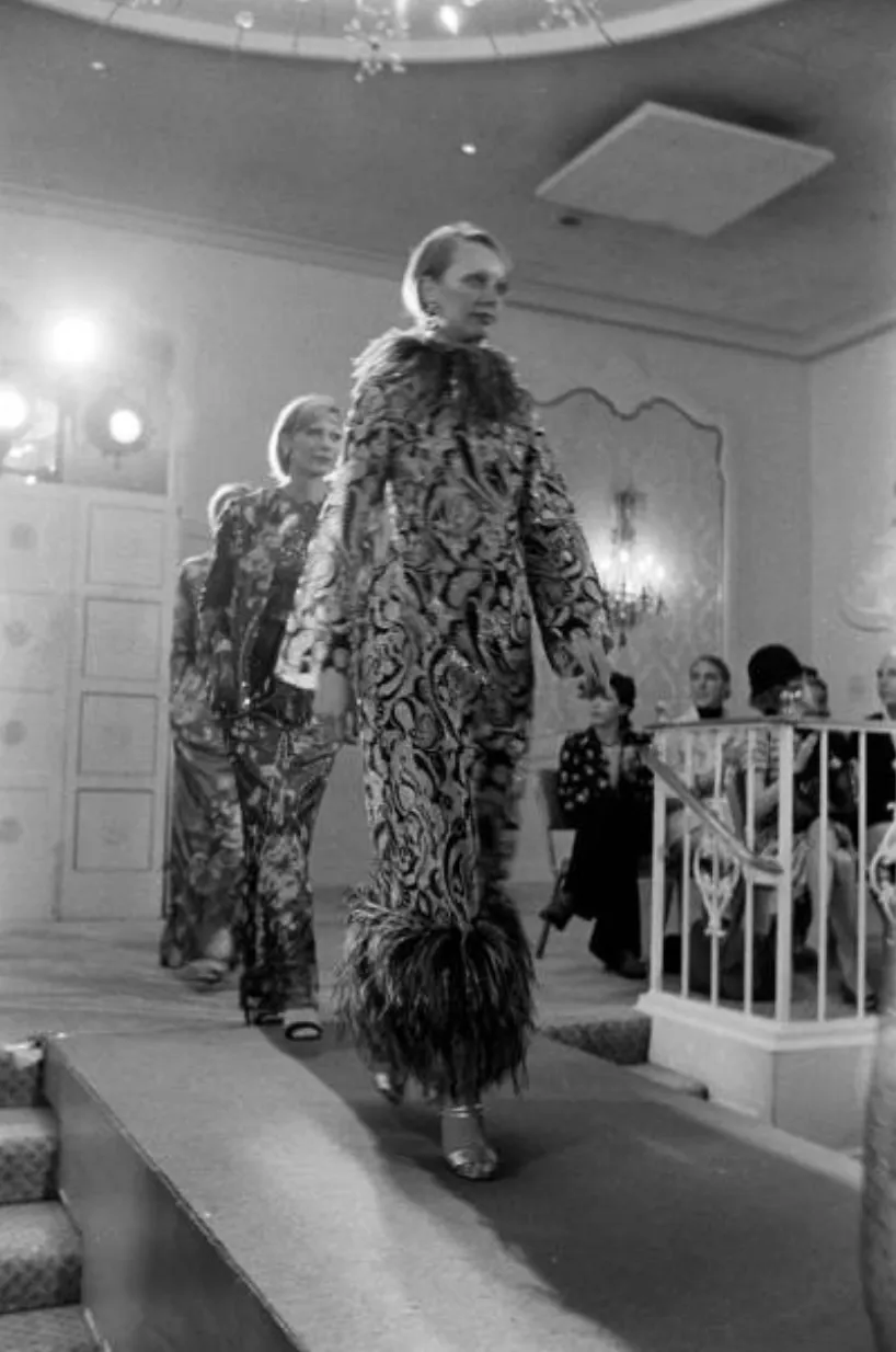 Fall 1973 Feather & Metallic Silk & Velvet Bill Blass Dress