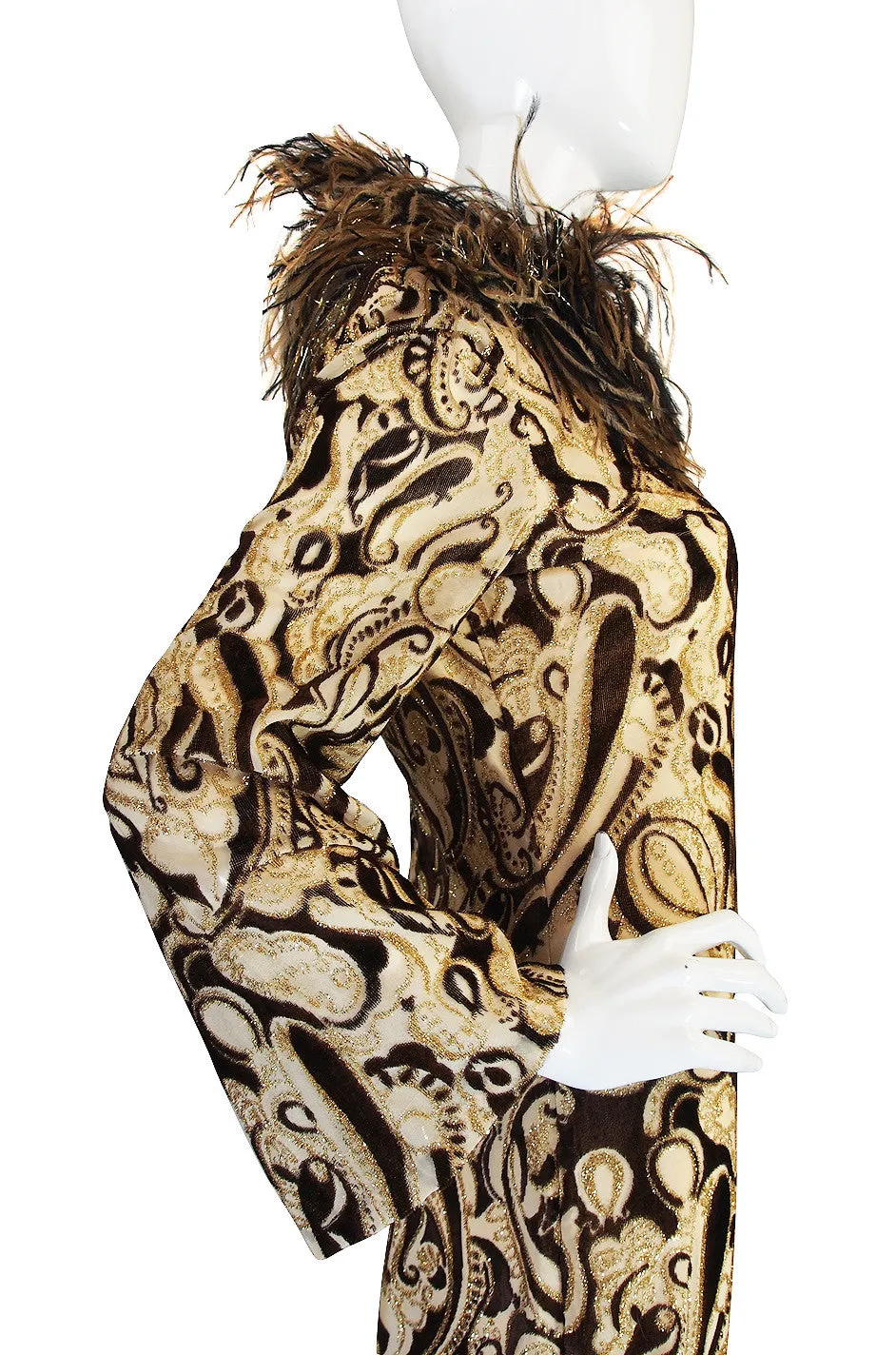 Fall 1973 Feather & Metallic Silk & Velvet Bill Blass Dress