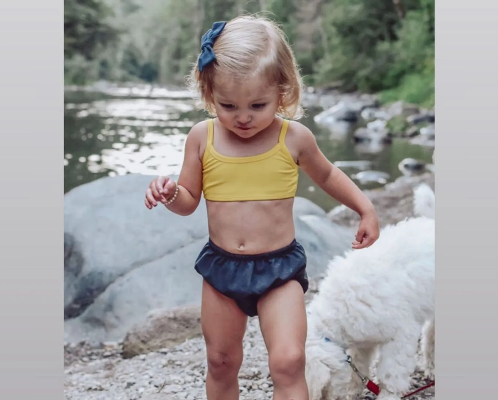 Girls UPF 50  Printed Bikini Swim Top  | Navy w- White Polka Dot