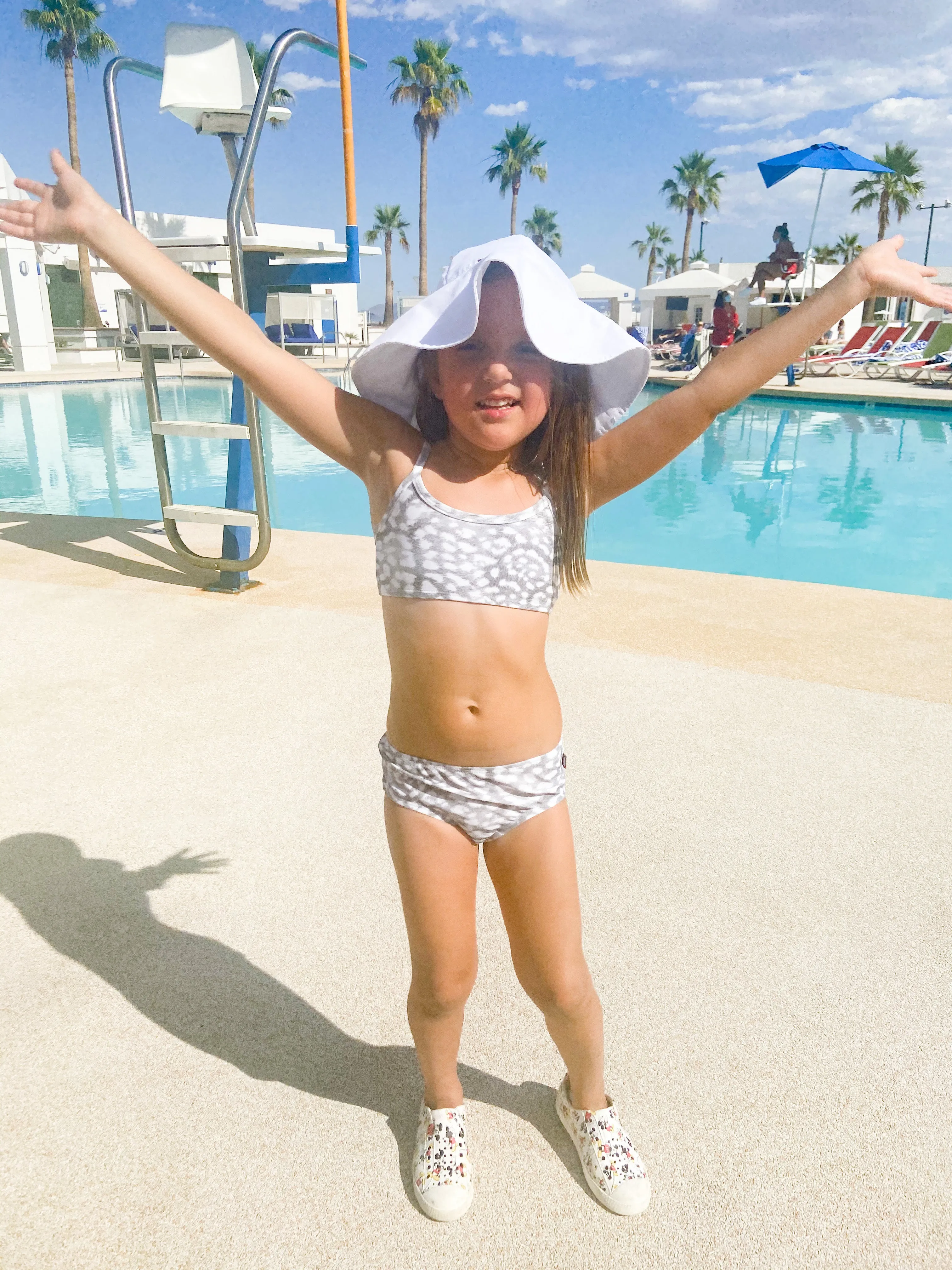 Girls UPF 50  Printed Bikini Swim Top  | Navy w- White Polka Dot