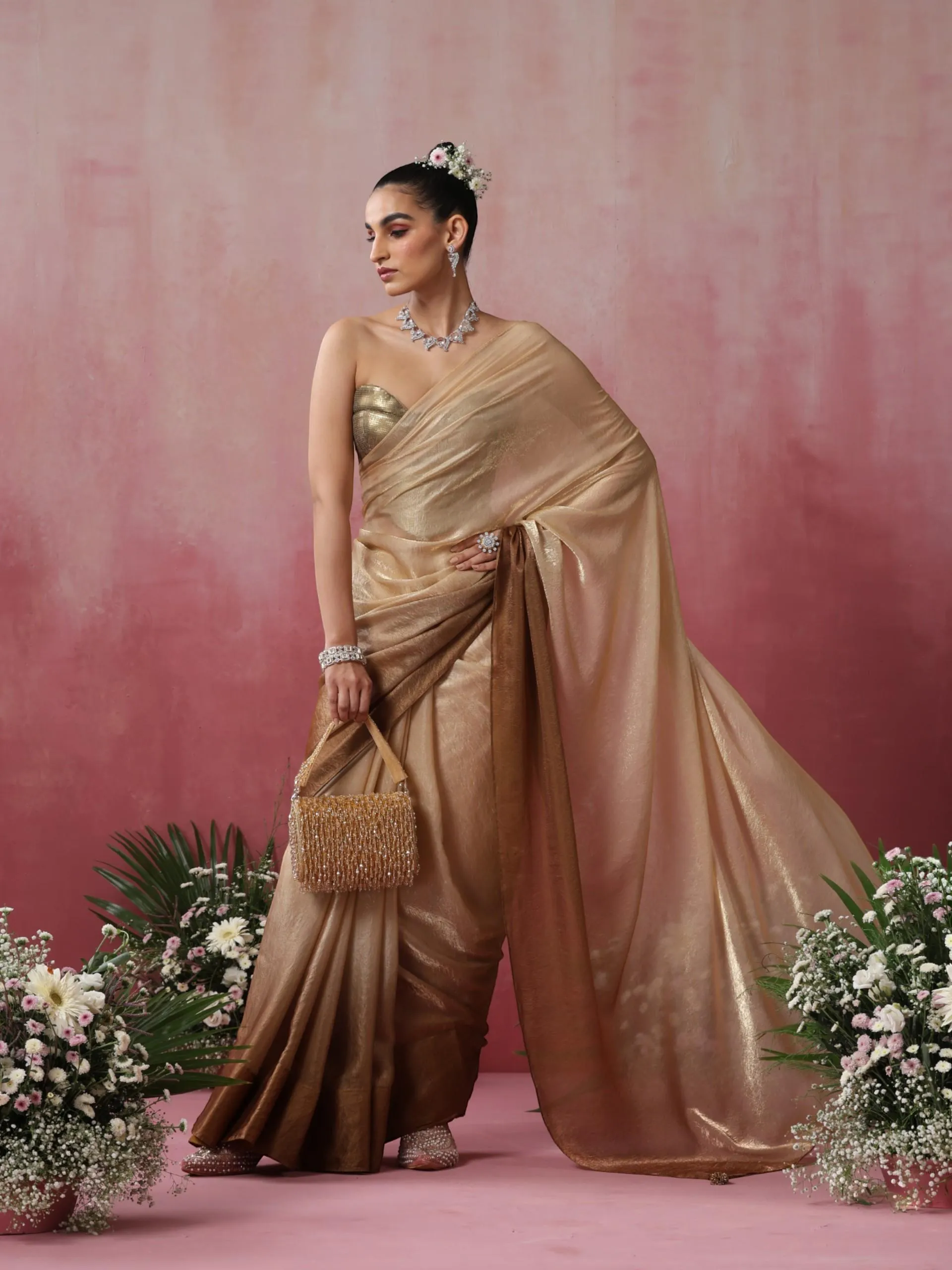 Glazed Ombre Crushed Metallic Satin Saree with Blouse Fabric
