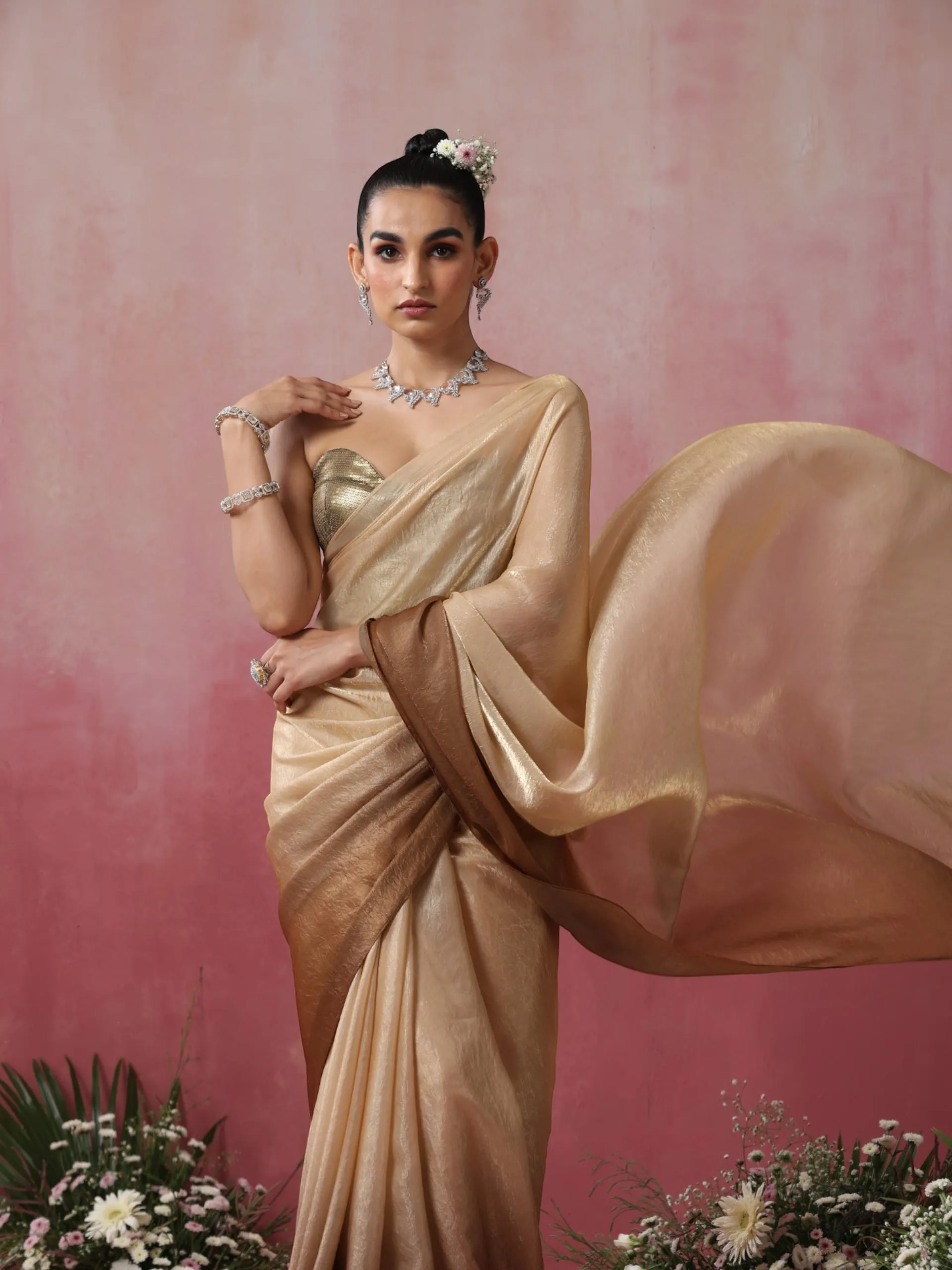 Glazed Ombre Crushed Metallic Satin Saree with Blouse Fabric