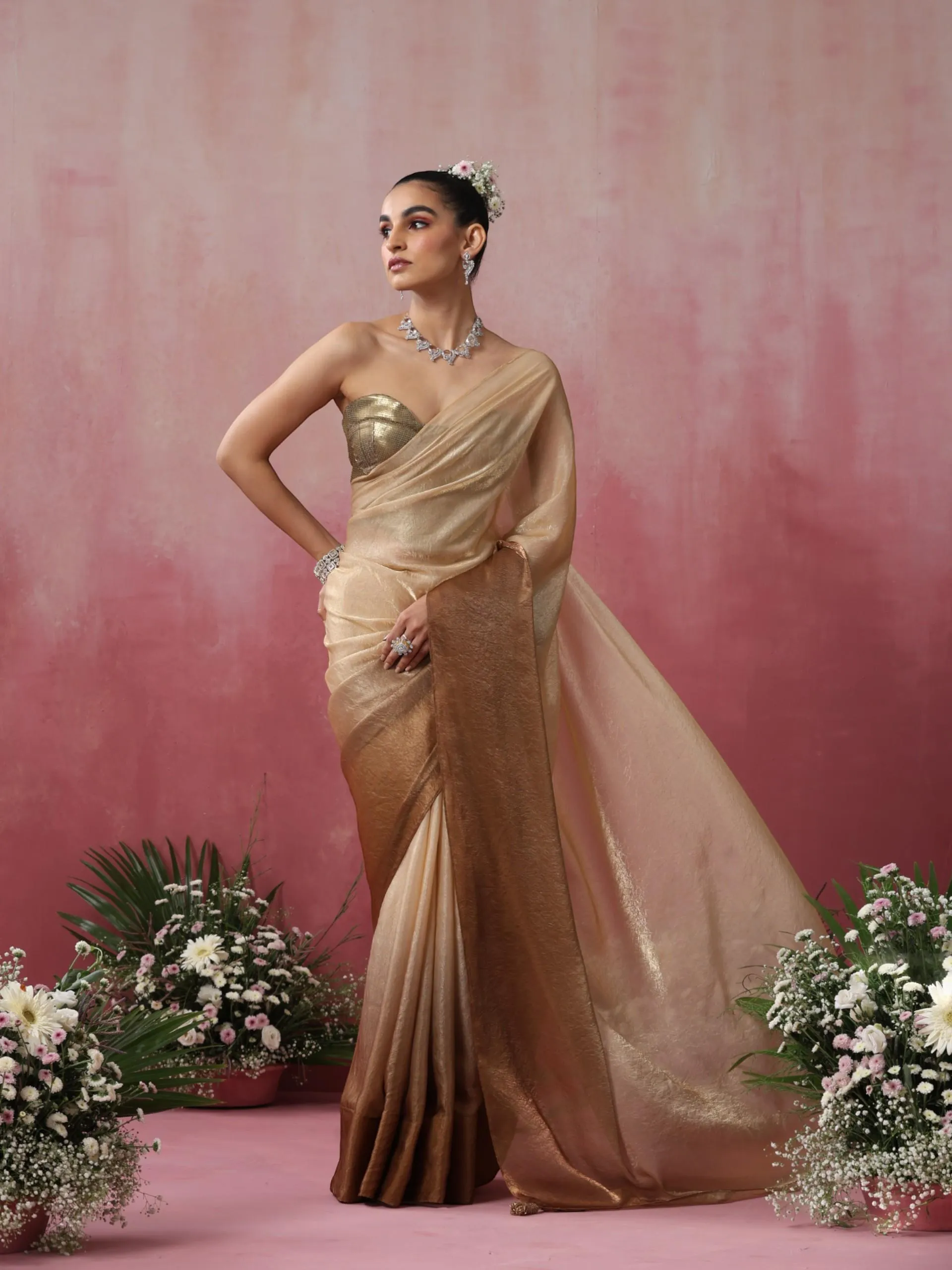 Glazed Ombre Crushed Metallic Satin Saree with Blouse Fabric