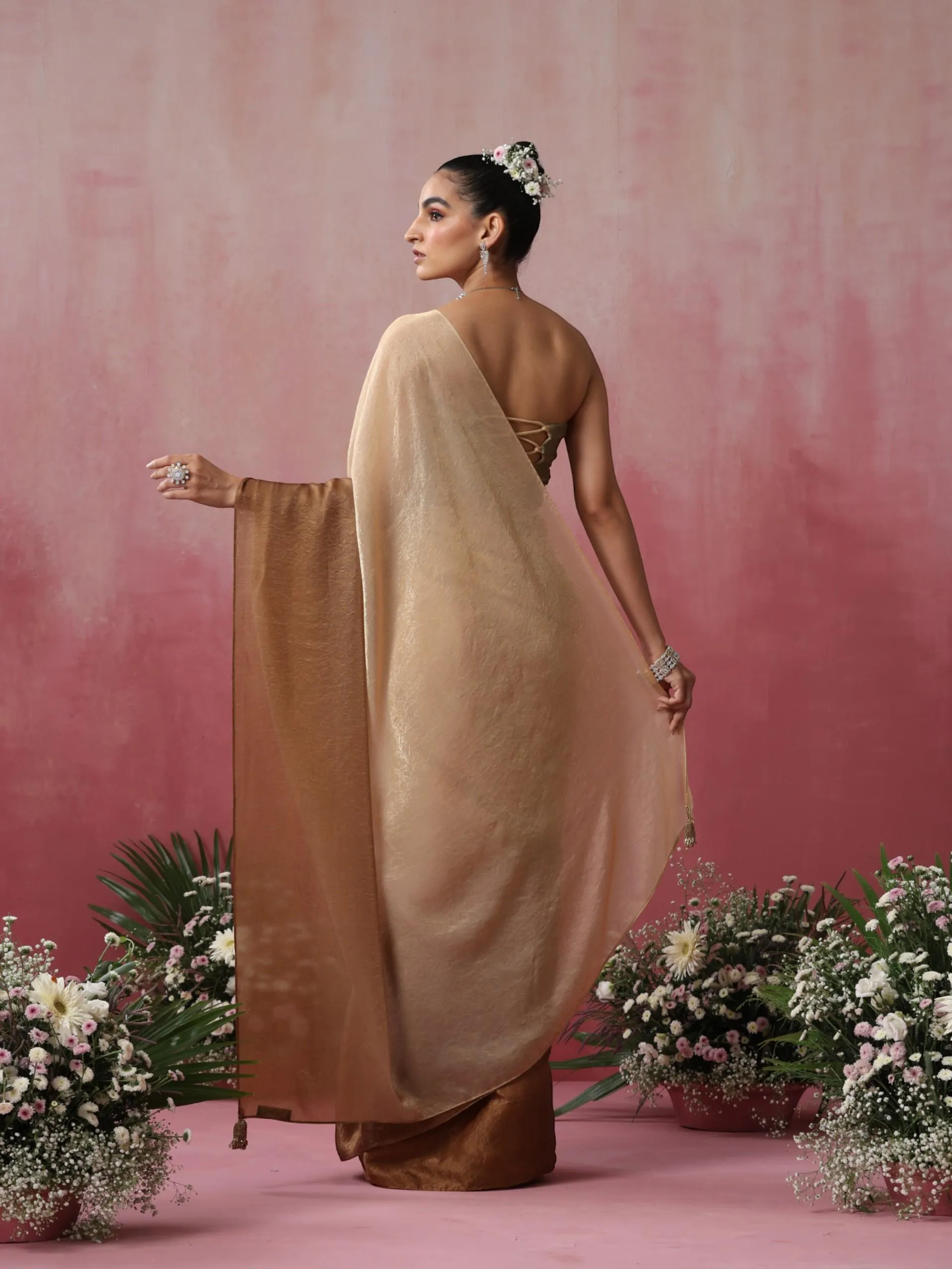 Glazed Ombre Crushed Metallic Satin Saree with Blouse Fabric