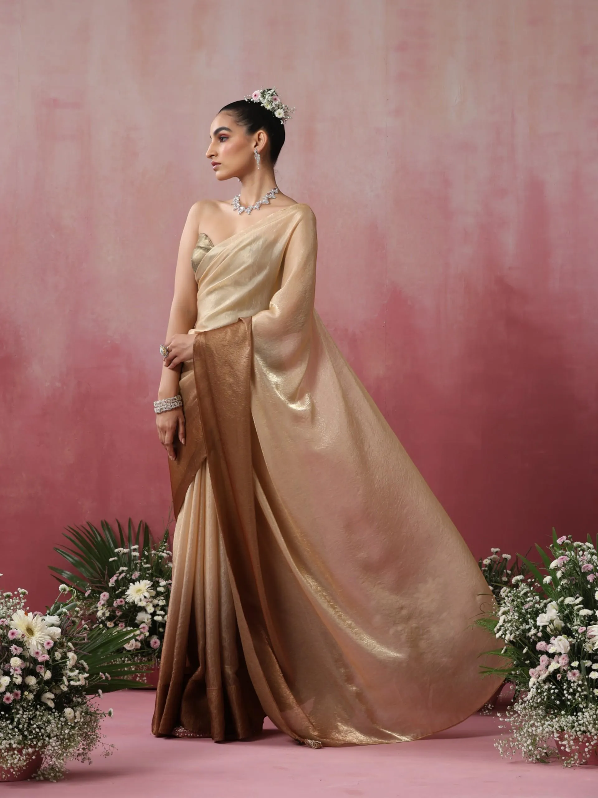 Glazed Ombre Crushed Metallic Satin Saree with Blouse Fabric