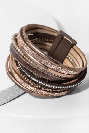 Glimmer Beads Stackable Leather Bracelet - Bronze