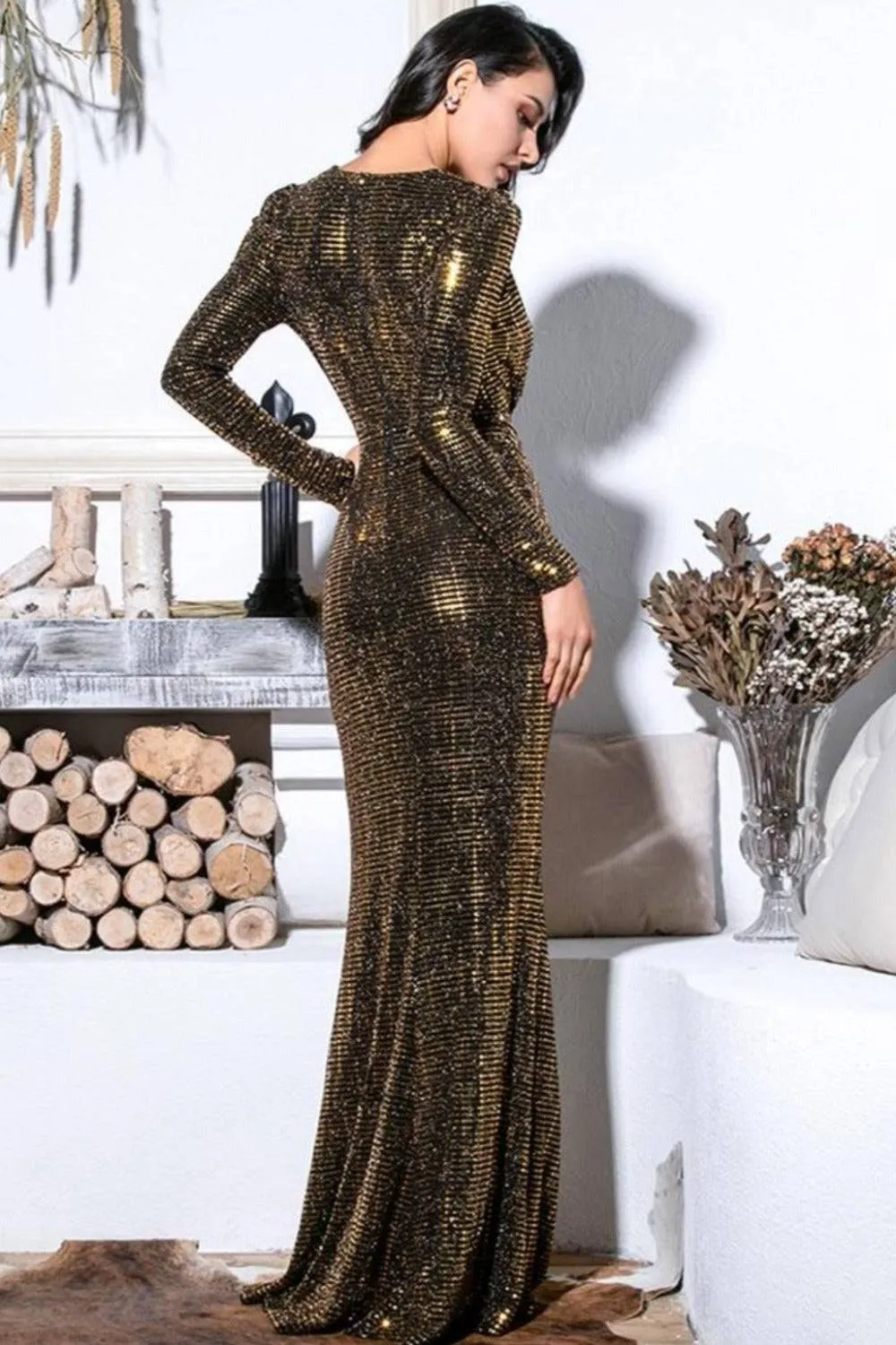 Glitter Sequin Puff Sleeve High Slit Bronze Gold Maxi Dress