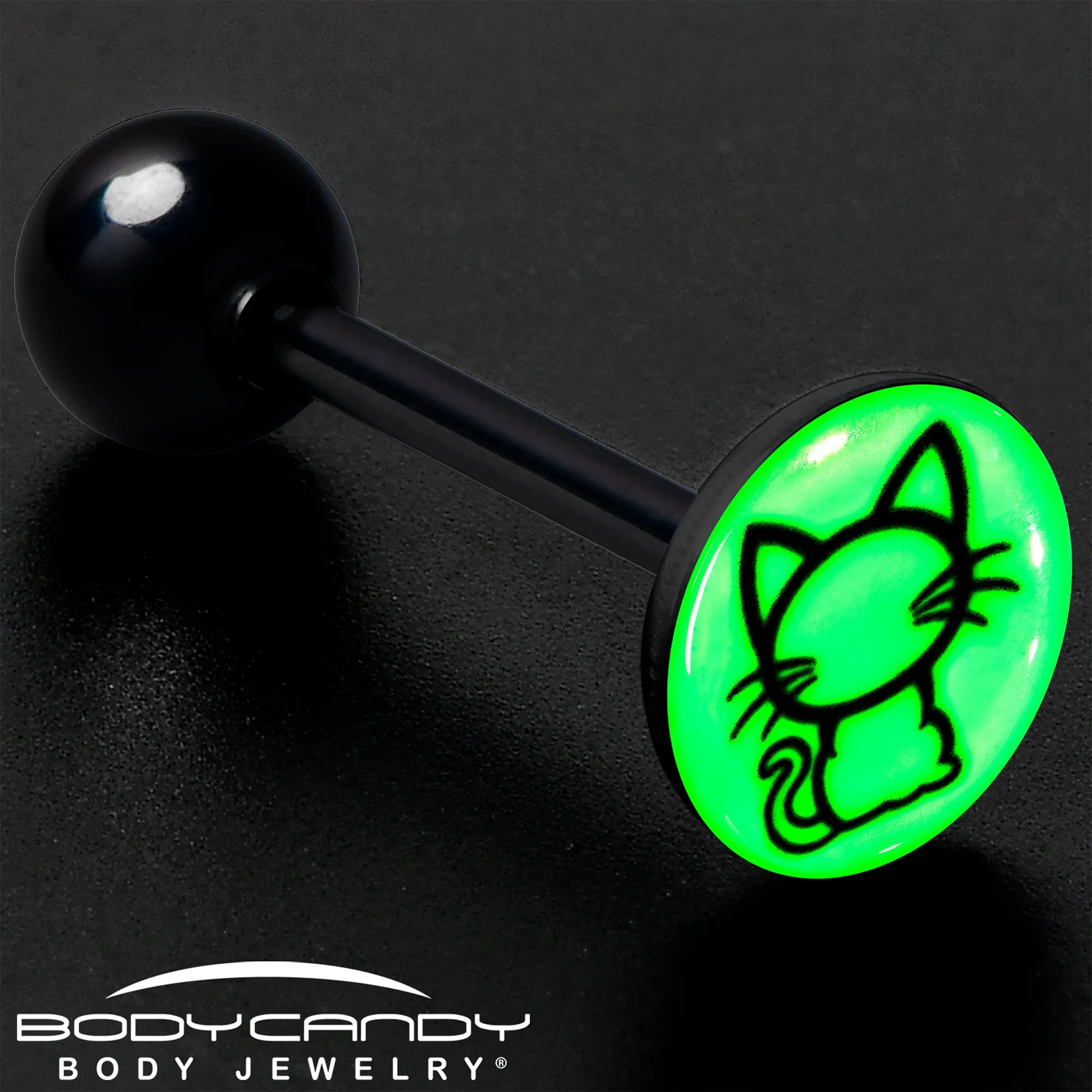 Glow in the Dark Black Anodized Kitty Cat Barbell Tongue Ring