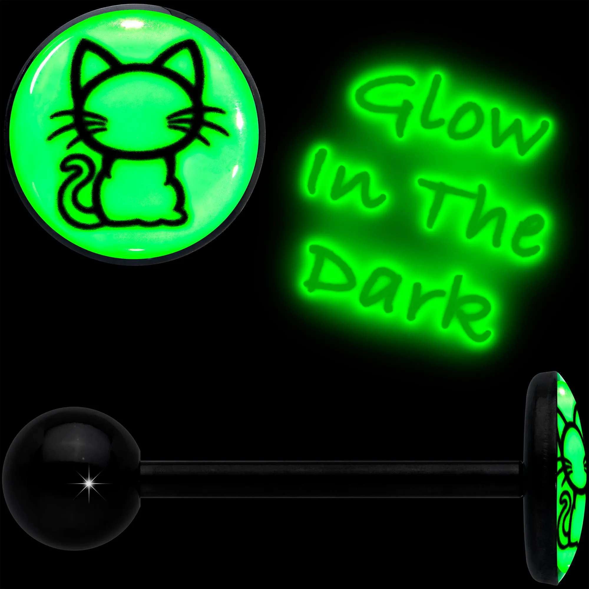 Glow in the Dark Black Anodized Kitty Cat Barbell Tongue Ring