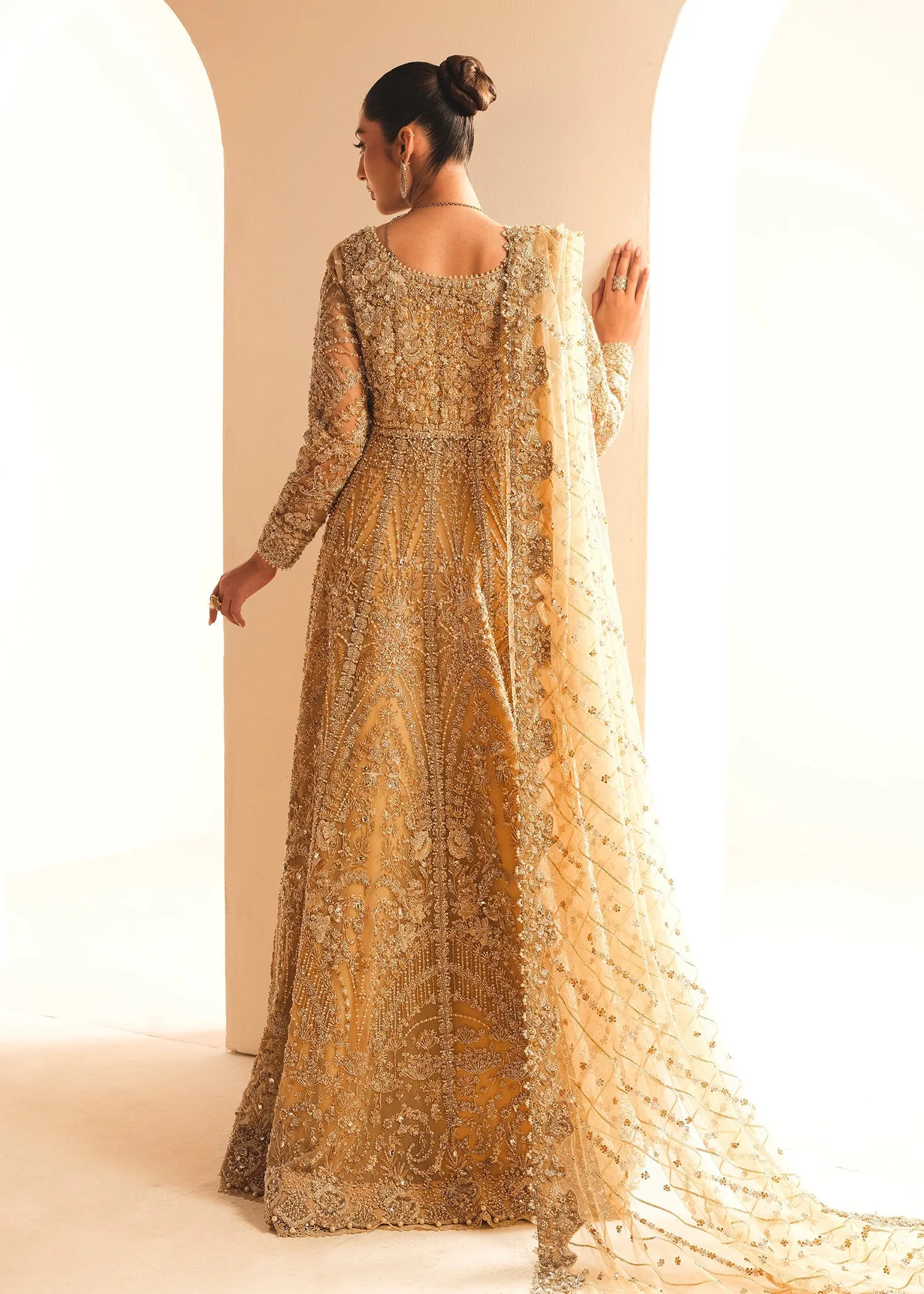 Gold Pakistani Bridal Dress in Gown and Lehenga Style