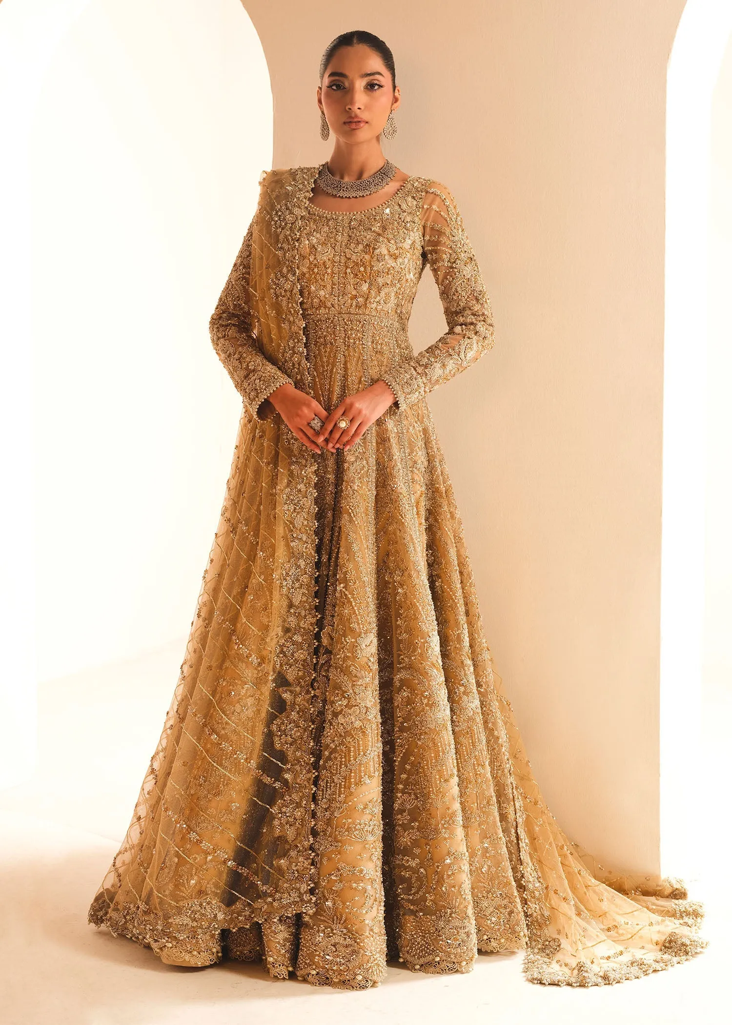 Gold Pakistani Bridal Dress in Gown and Lehenga Style