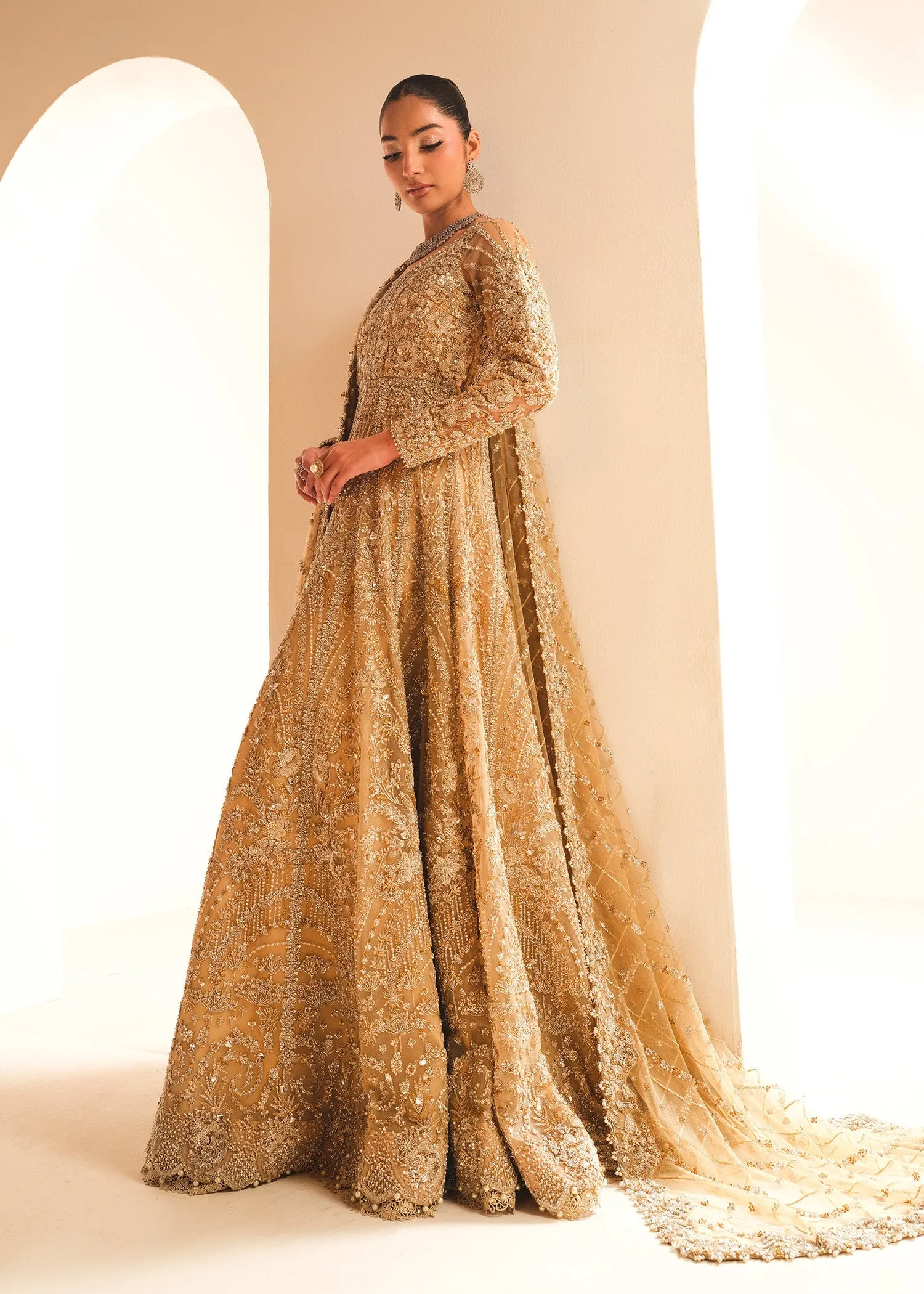 Gold Pakistani Bridal Dress in Gown and Lehenga Style