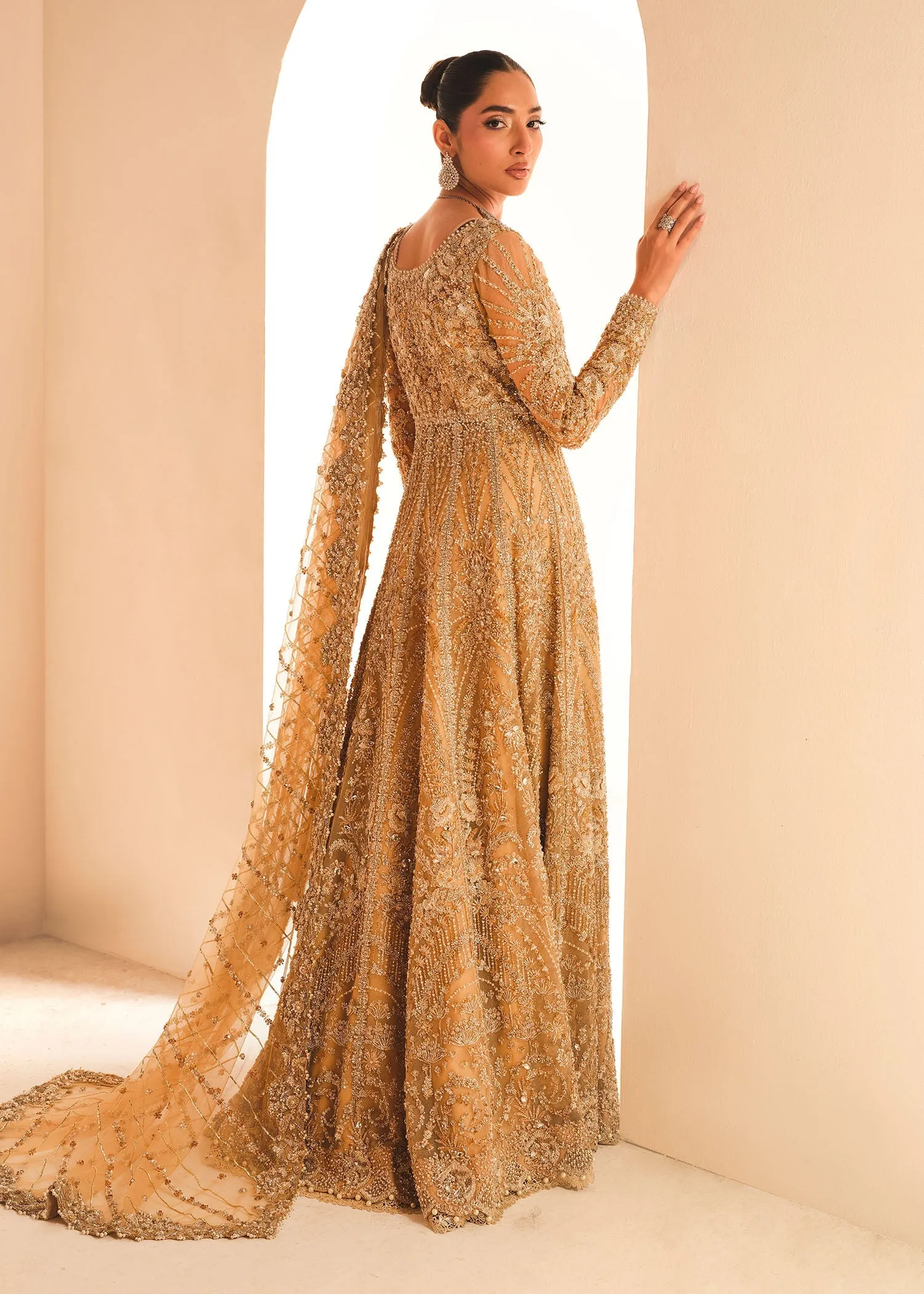 Gold Pakistani Bridal Dress in Gown and Lehenga Style