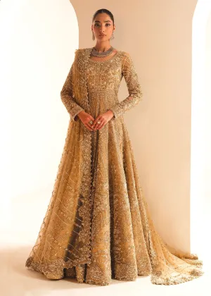 Gold Pakistani Bridal Dress in Gown and Lehenga Style