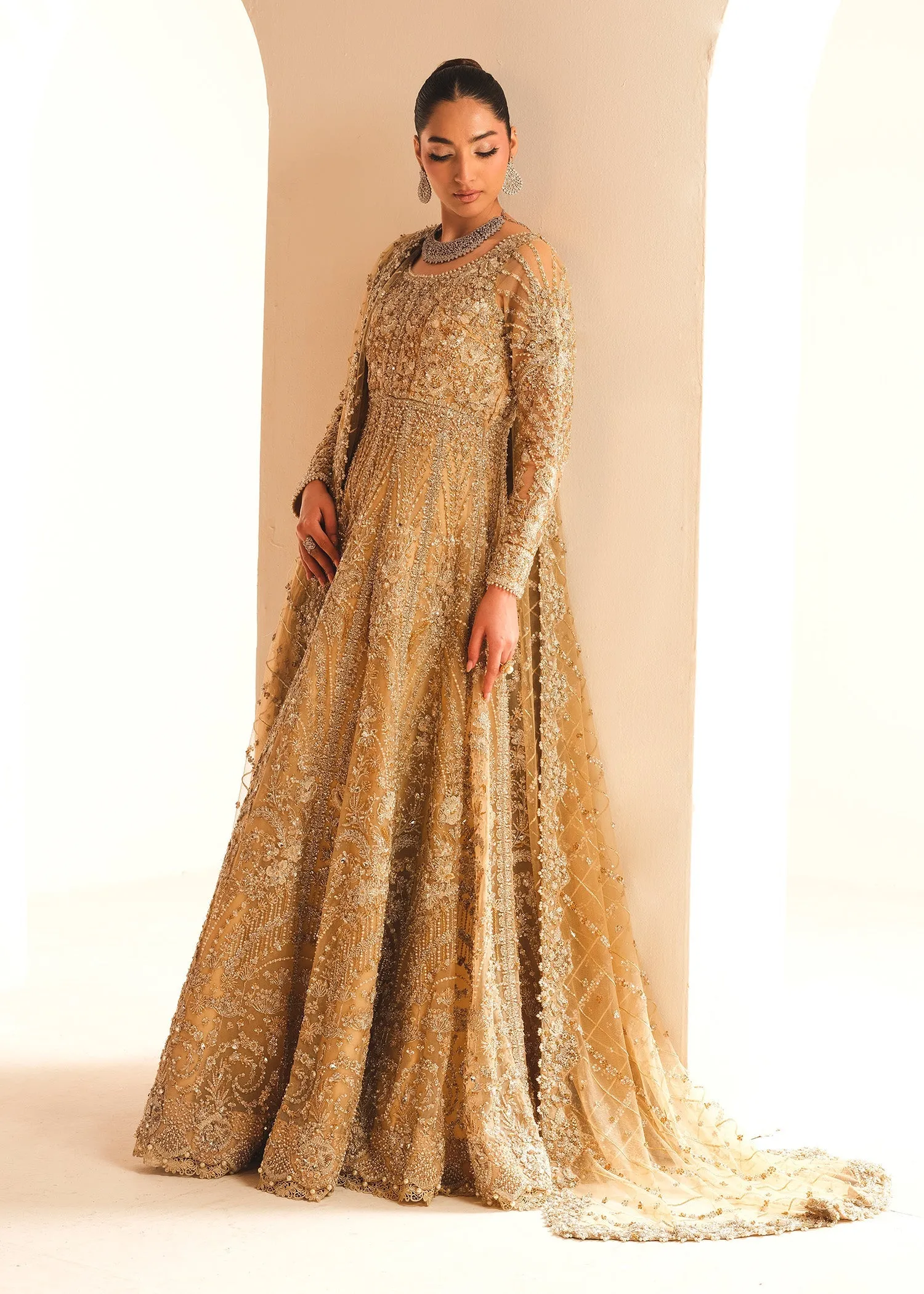 Gold Pakistani Bridal Dress in Gown and Lehenga Style