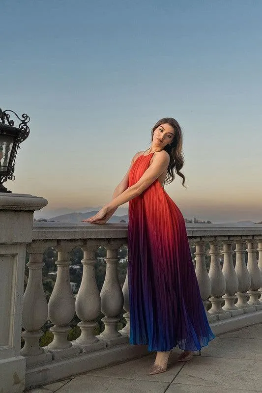 Gradient Ombre Print Blowy Pleats Maxi Dress