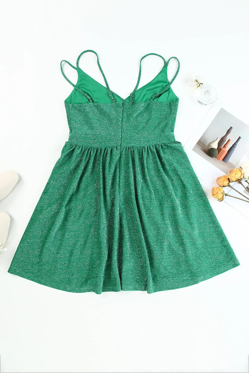 Green Double Straps Metallic Shining Skater Dress