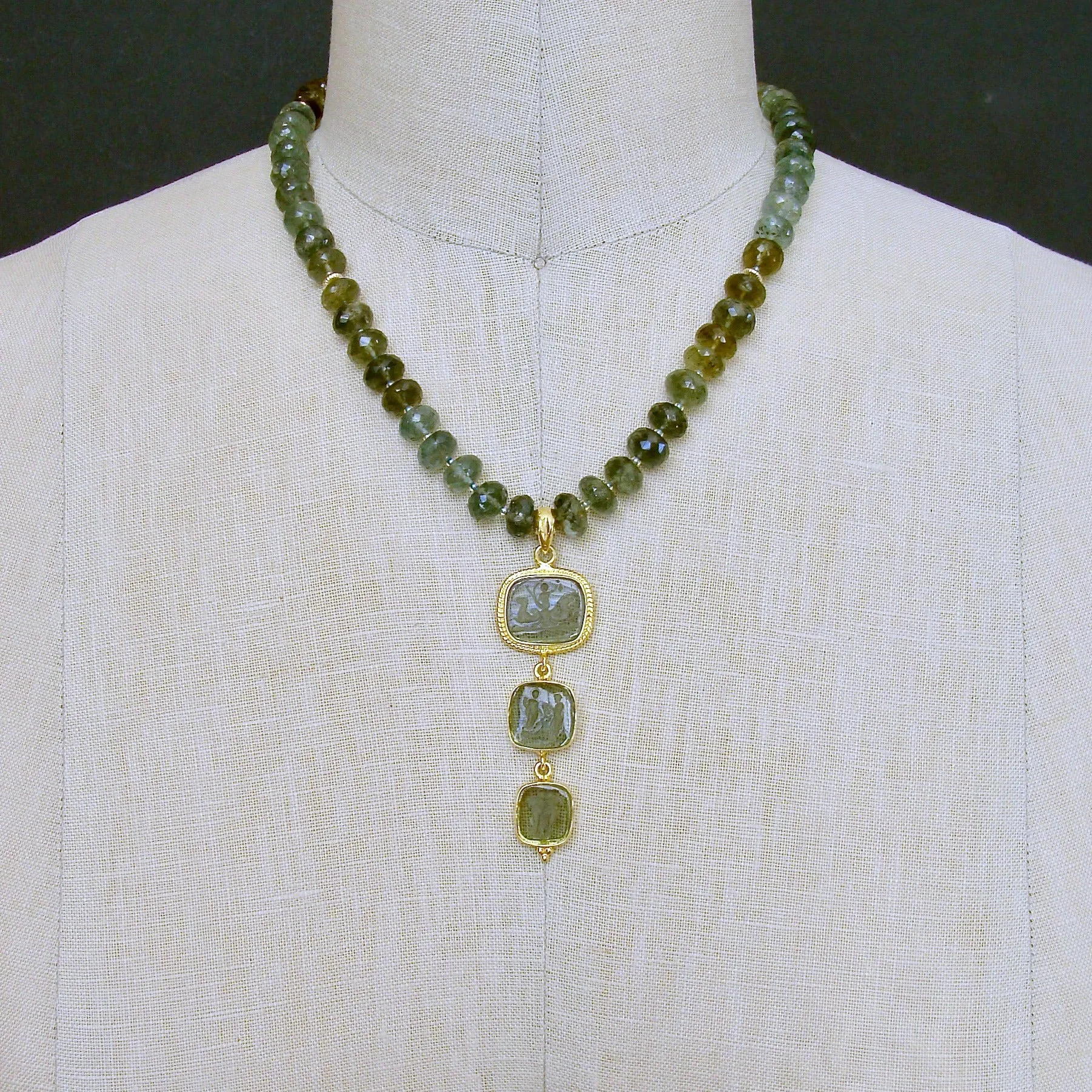 Green Moss Aquamarine  Venetian Glass Intaglio Choker Necklace - Lissone II Necklace
