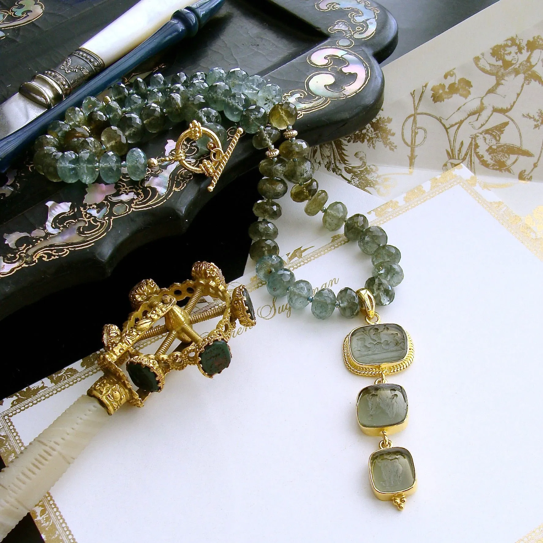 Green Moss Aquamarine  Venetian Glass Intaglio Choker Necklace - Lissone II Necklace