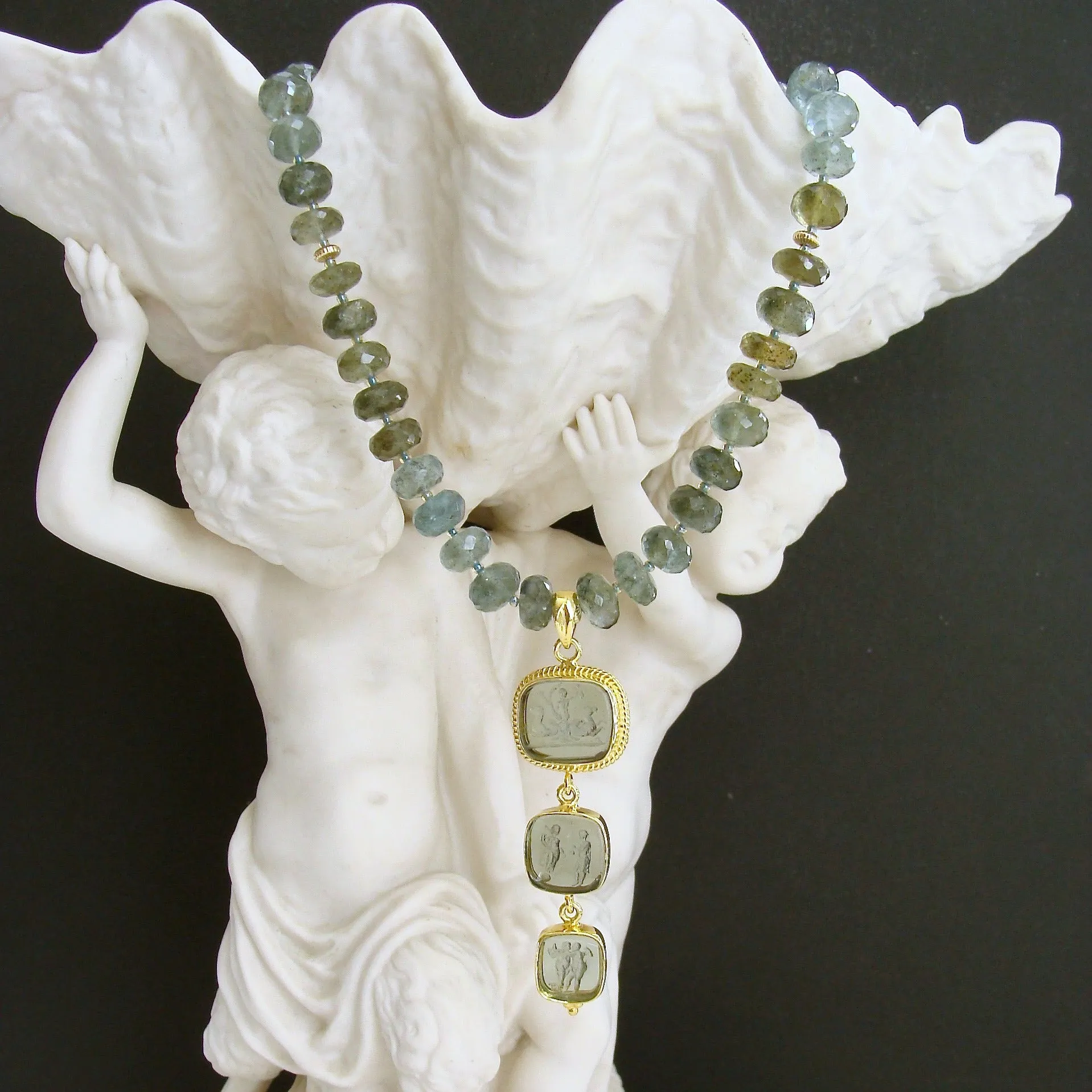Green Moss Aquamarine  Venetian Glass Intaglio Choker Necklace - Lissone II Necklace