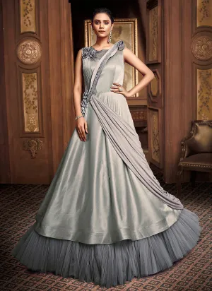Grey Floral Bunch Embroidered Layered Indo Western Gown