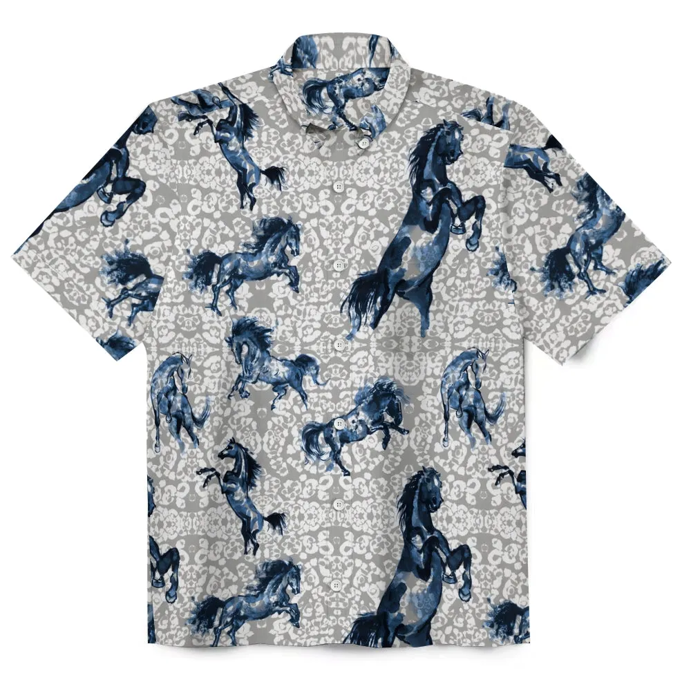 Horse Print Button-Down Linen Short Sleeve Shirt 2409011469