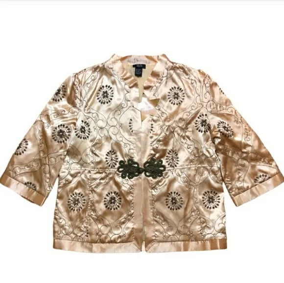 HOT IN HOLLYWOOD Gold Embroidered &amp; Quilted Satin Bed Jacket Kimono Size…