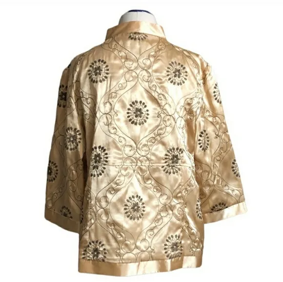 HOT IN HOLLYWOOD Gold Embroidered &amp; Quilted Satin Bed Jacket Kimono Size…