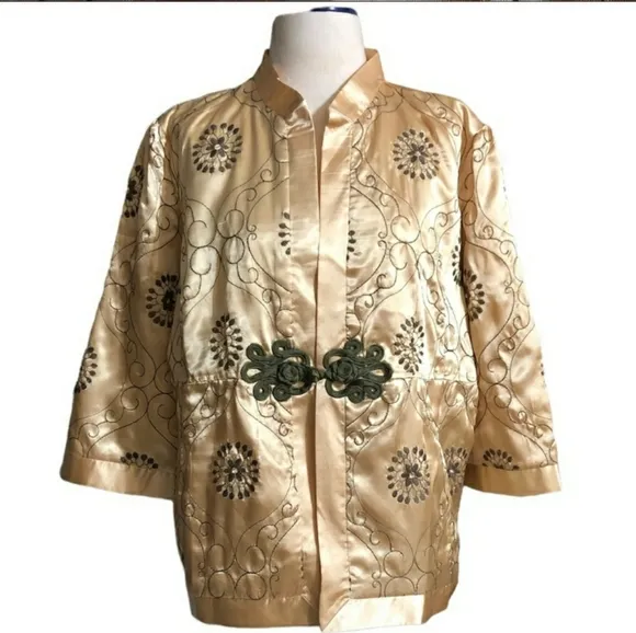 HOT IN HOLLYWOOD Gold Embroidered &amp; Quilted Satin Bed Jacket Kimono Size…