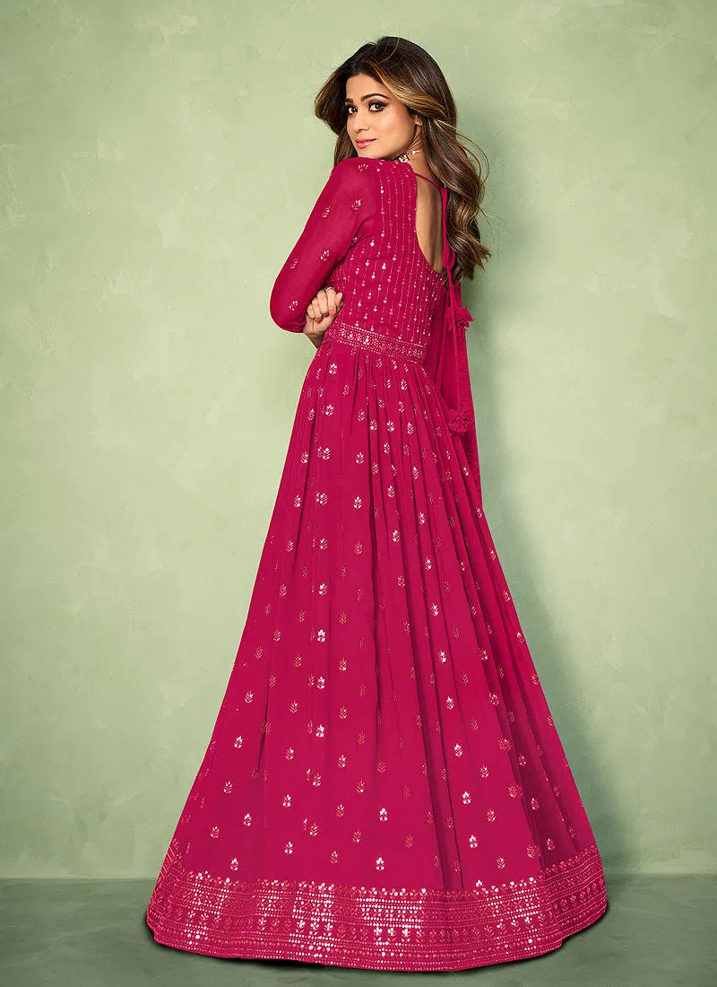 Hot Pink Sequence Embroidered Slit Style Anarkali Lehenga Suit