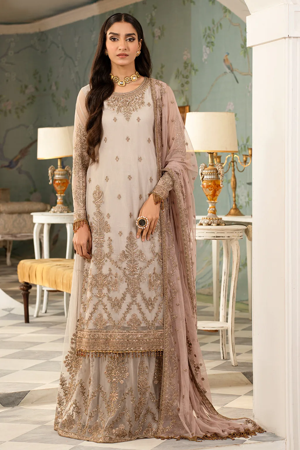 Ivory Embroidered Pakistani Wedding Dress in Kameez Sharara Style