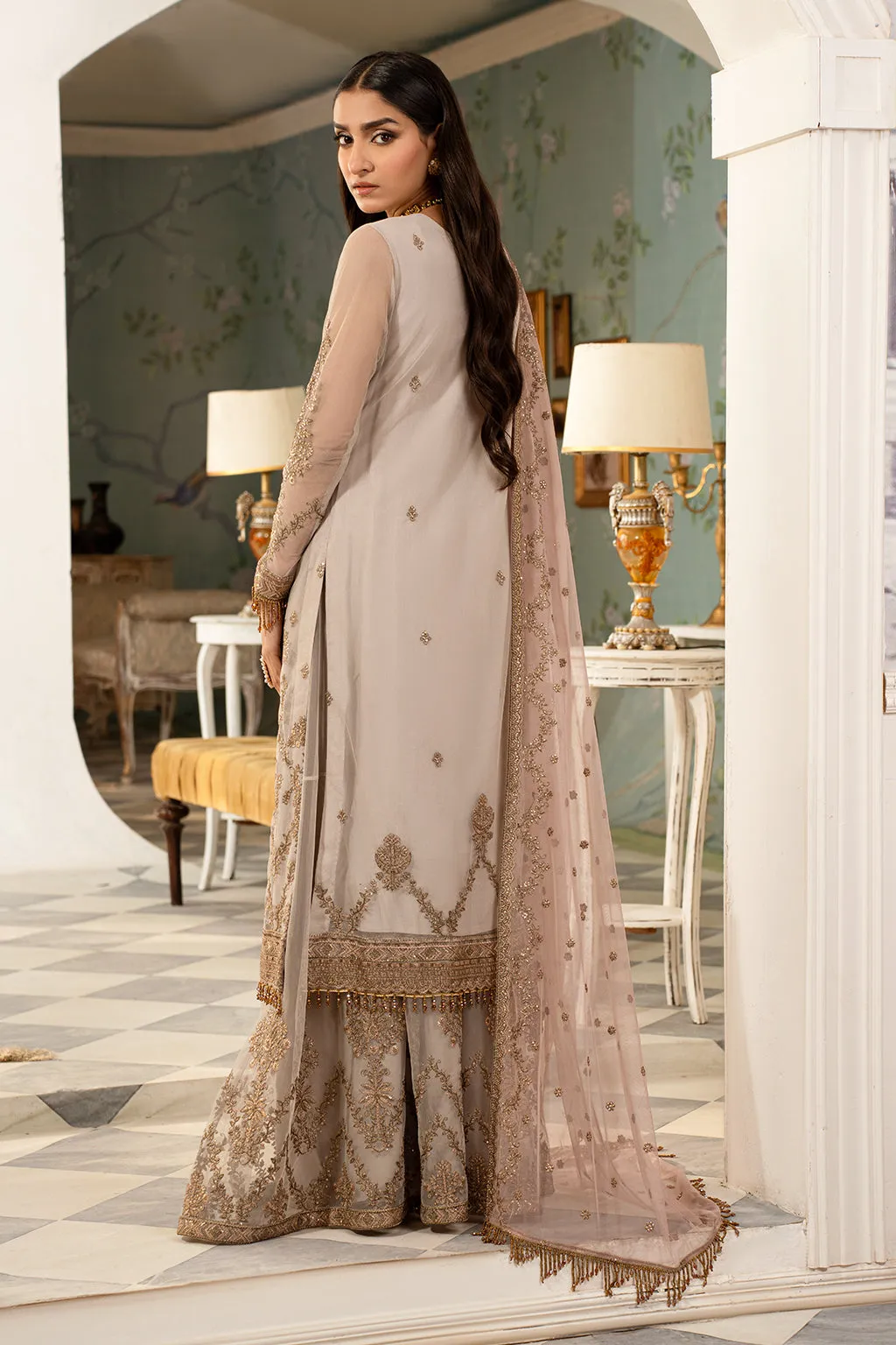 Ivory Embroidered Pakistani Wedding Dress in Kameez Sharara Style