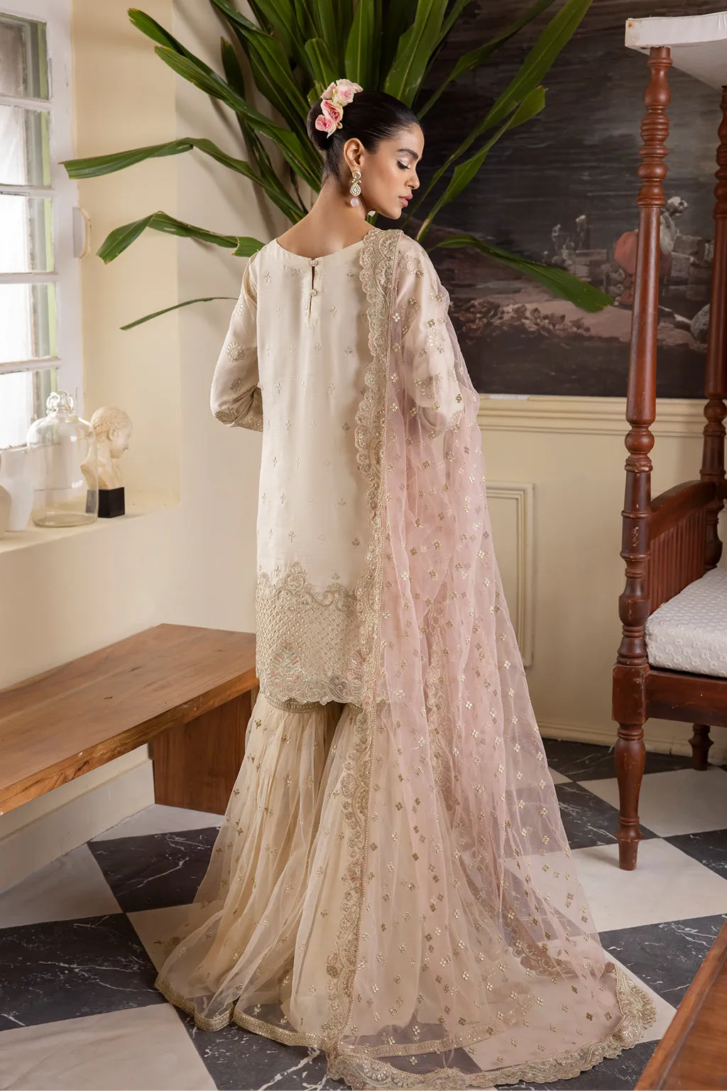Ivory Embroidered Pakistani Wedding Dress in Kameez Sharara Style