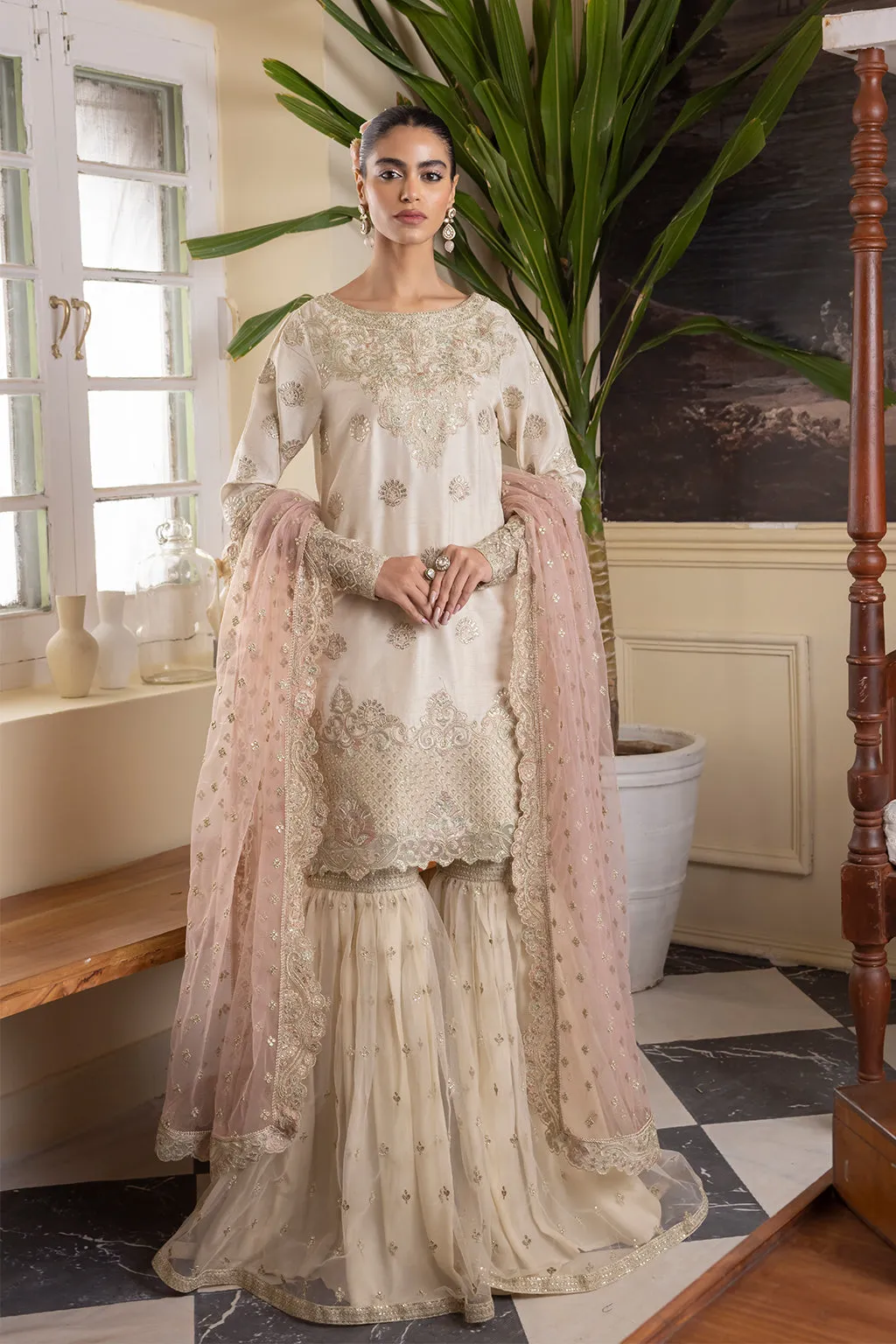 Ivory Embroidered Pakistani Wedding Dress in Kameez Sharara Style