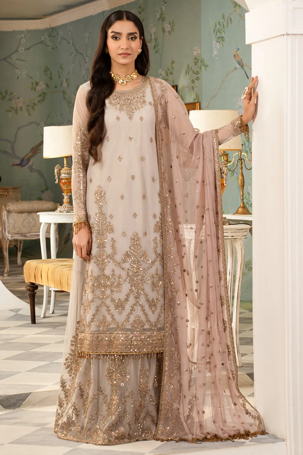 Ivory Embroidered Pakistani Wedding Dress in Kameez Sharara Style