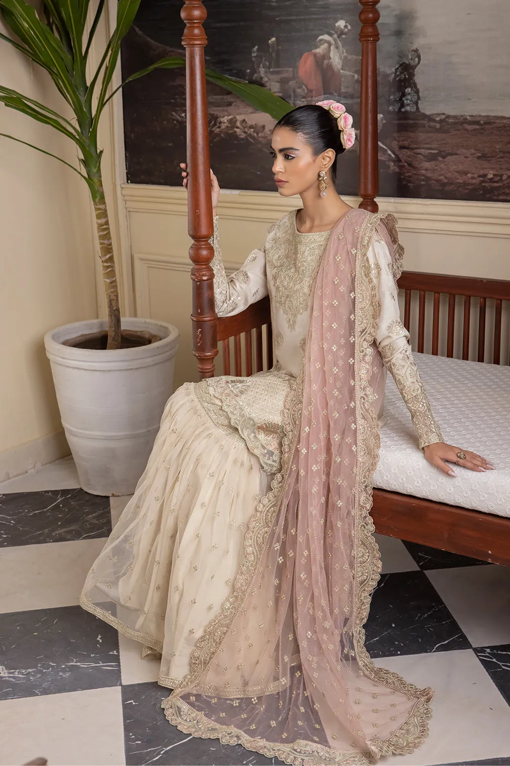 Ivory Embroidered Pakistani Wedding Dress in Kameez Sharara Style