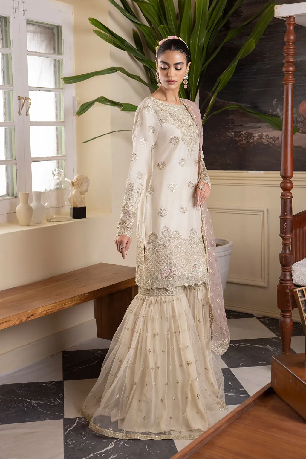 Ivory Embroidered Pakistani Wedding Dress in Kameez Sharara Style