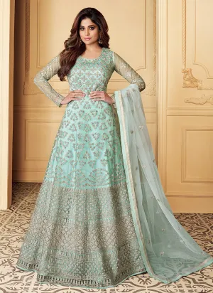 Light Blue Traditional Embroidered Anarkali Suit