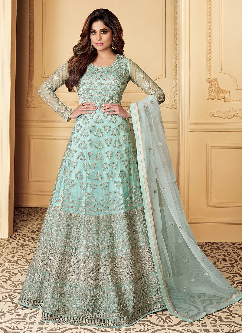 Light Blue Traditional Embroidered Anarkali Suit