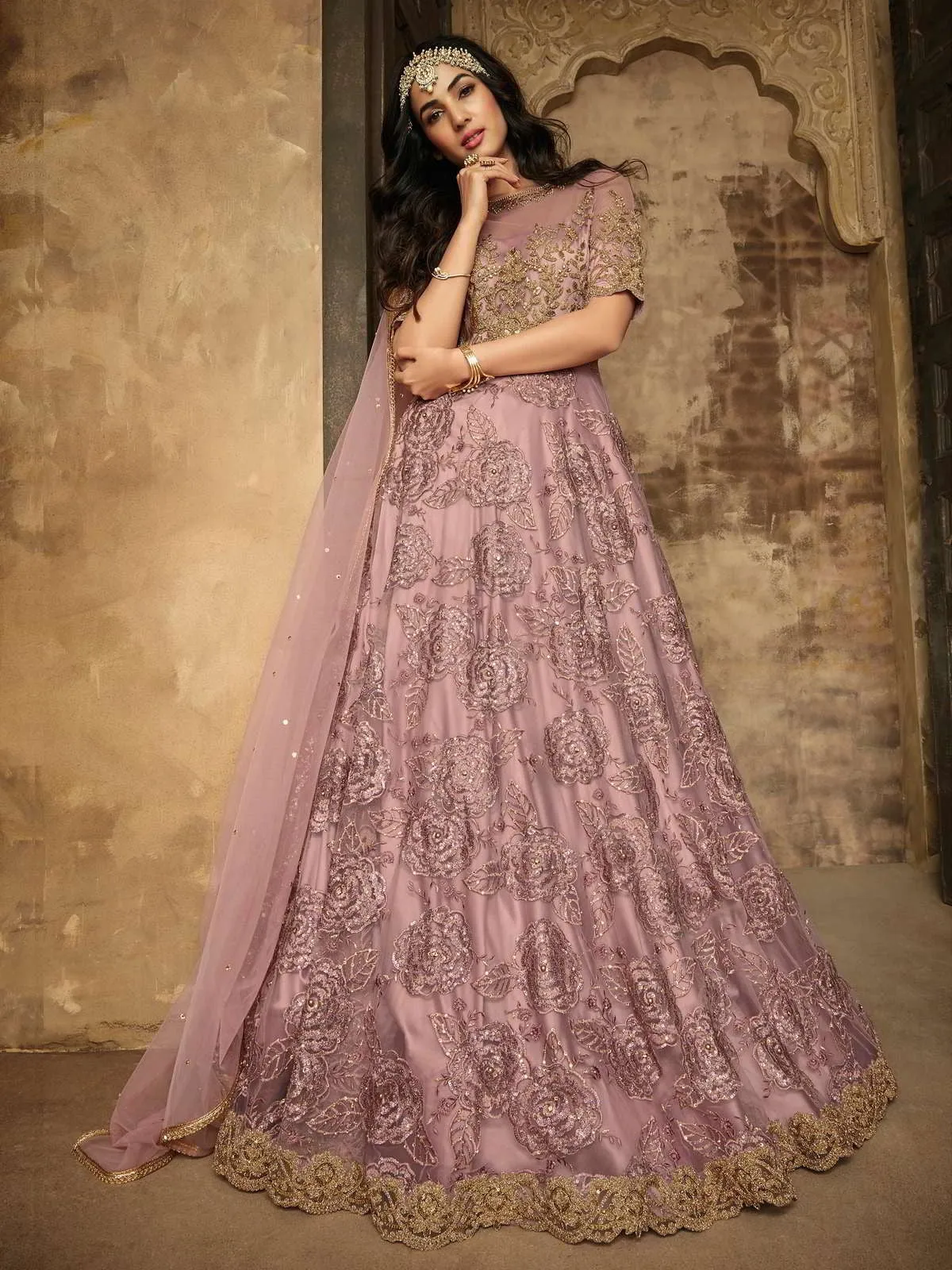 Light Pink Floral Embroidered Party Wear Anarkali Suit