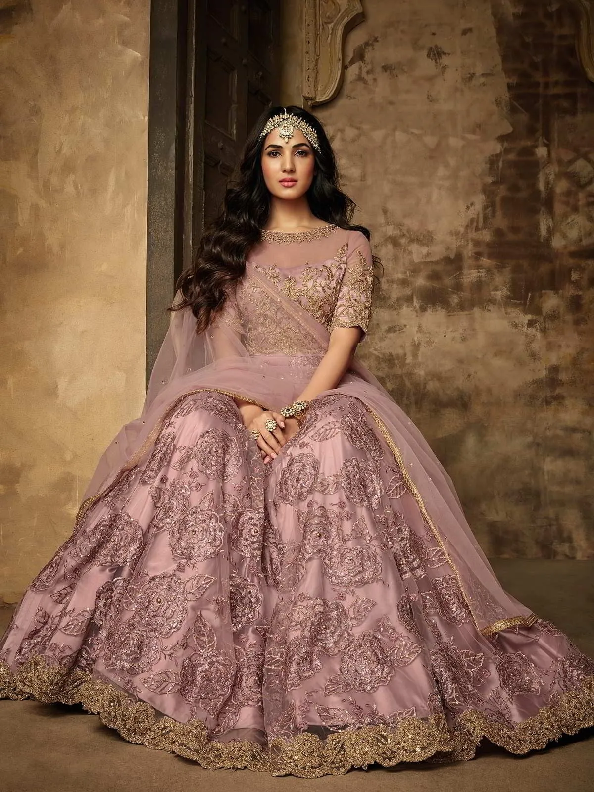 Light Pink Floral Embroidered Party Wear Anarkali Suit