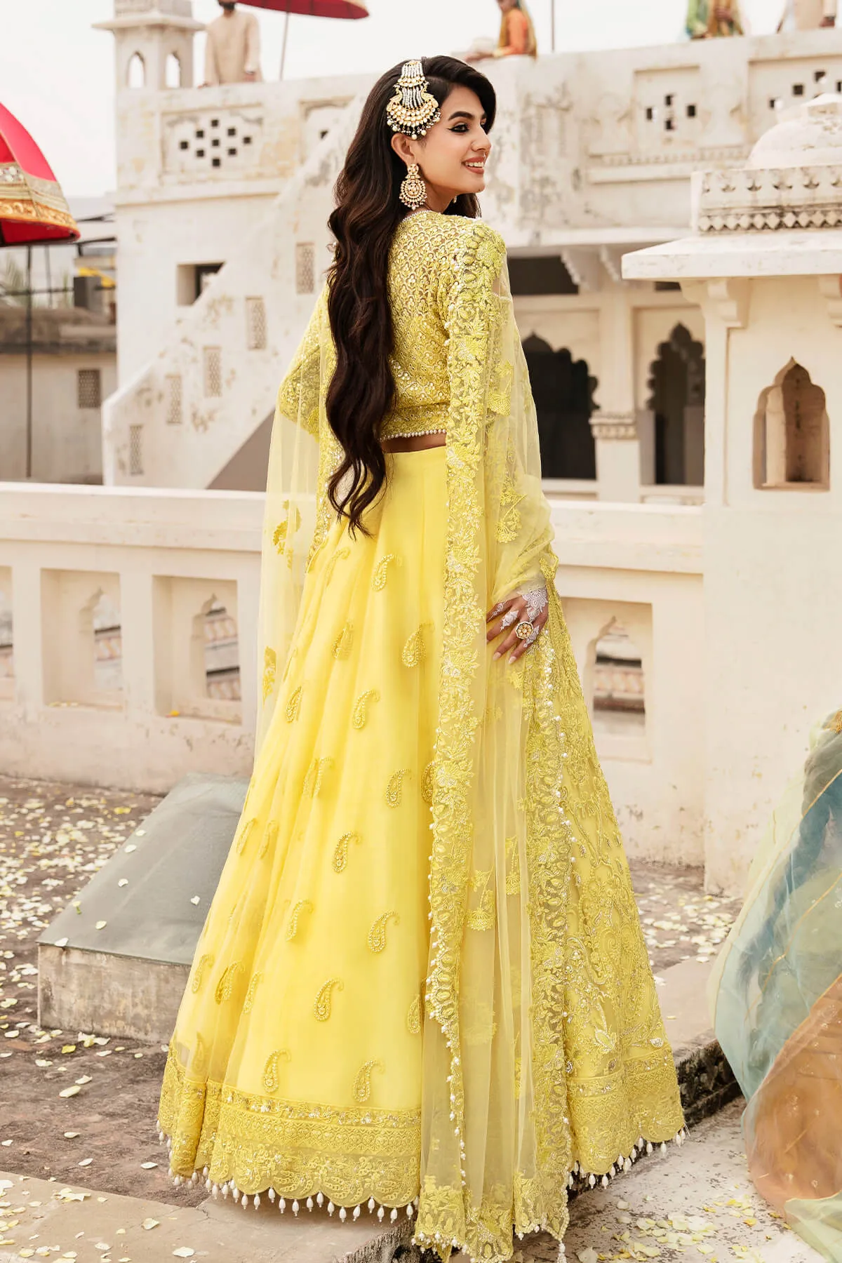 Lime Yellow Embroidered Pakistani Party Dress in Pishwas Style
