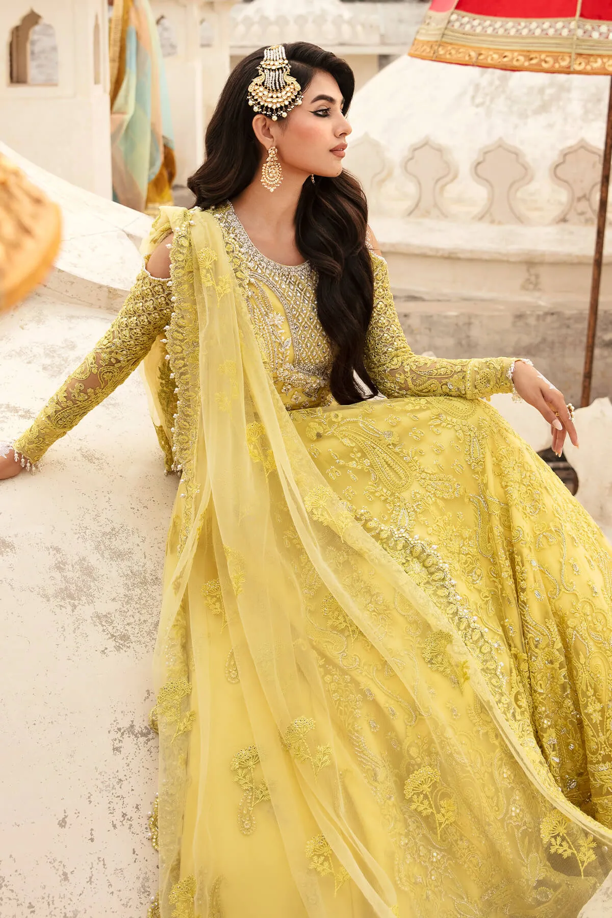 Lime Yellow Embroidered Pakistani Party Dress in Pishwas Style