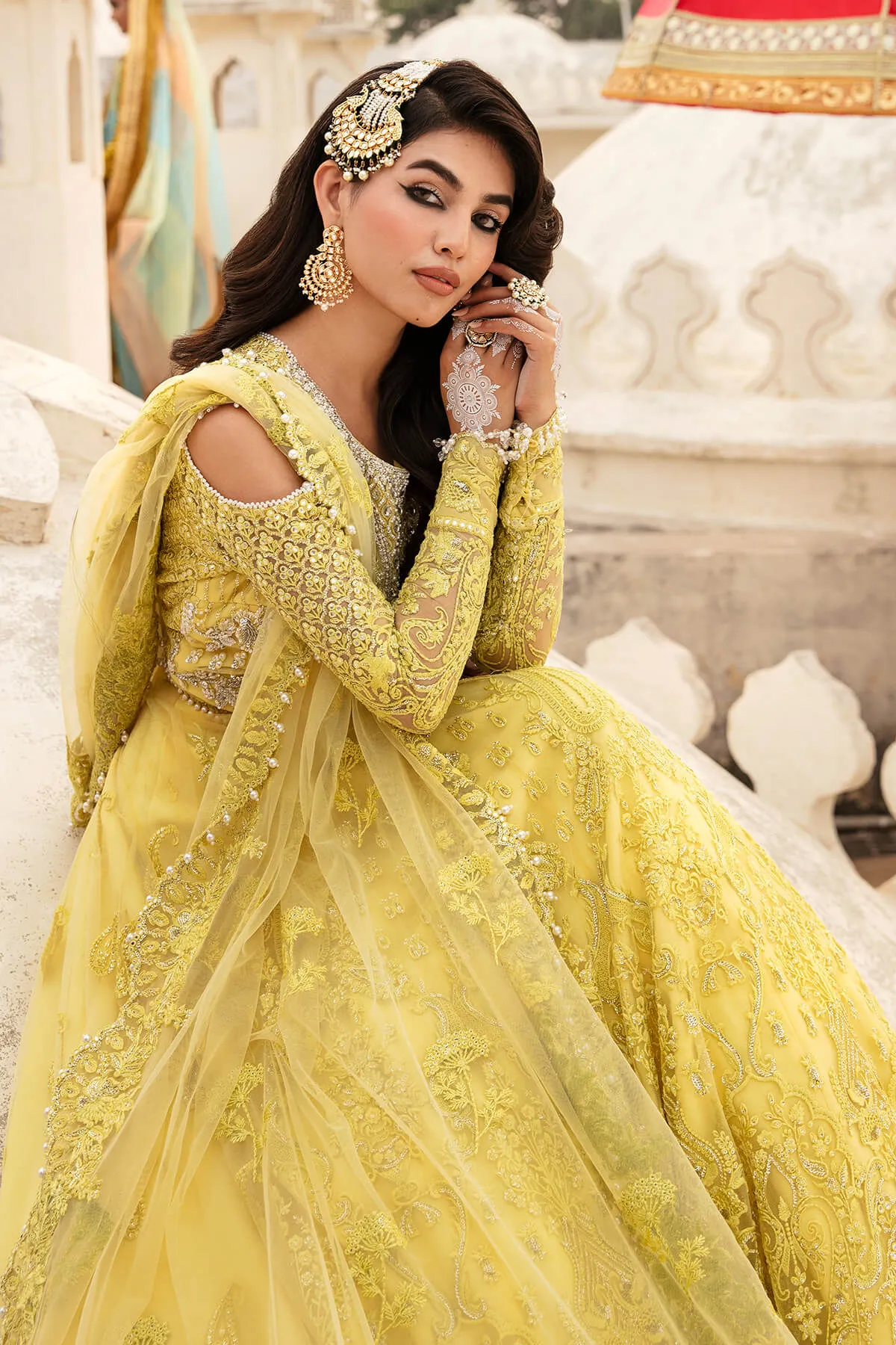 Lime Yellow Embroidered Pakistani Party Dress in Pishwas Style