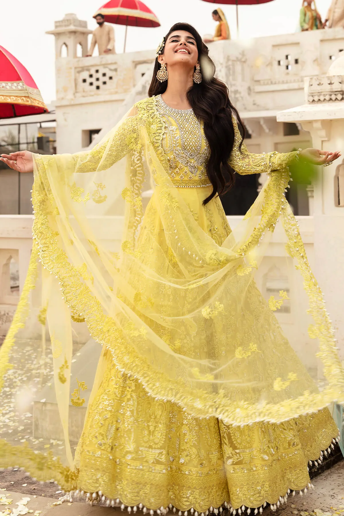 Lime Yellow Embroidered Pakistani Party Dress in Pishwas Style