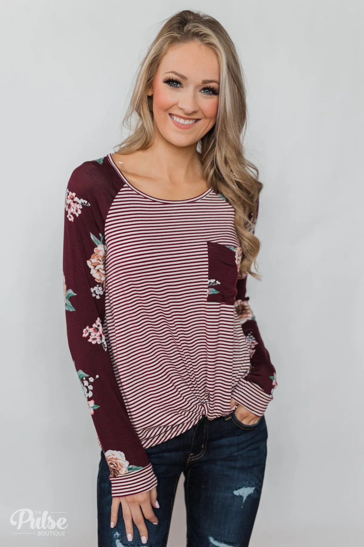 Look to You Floral & Striped Knot Top- Burgundy