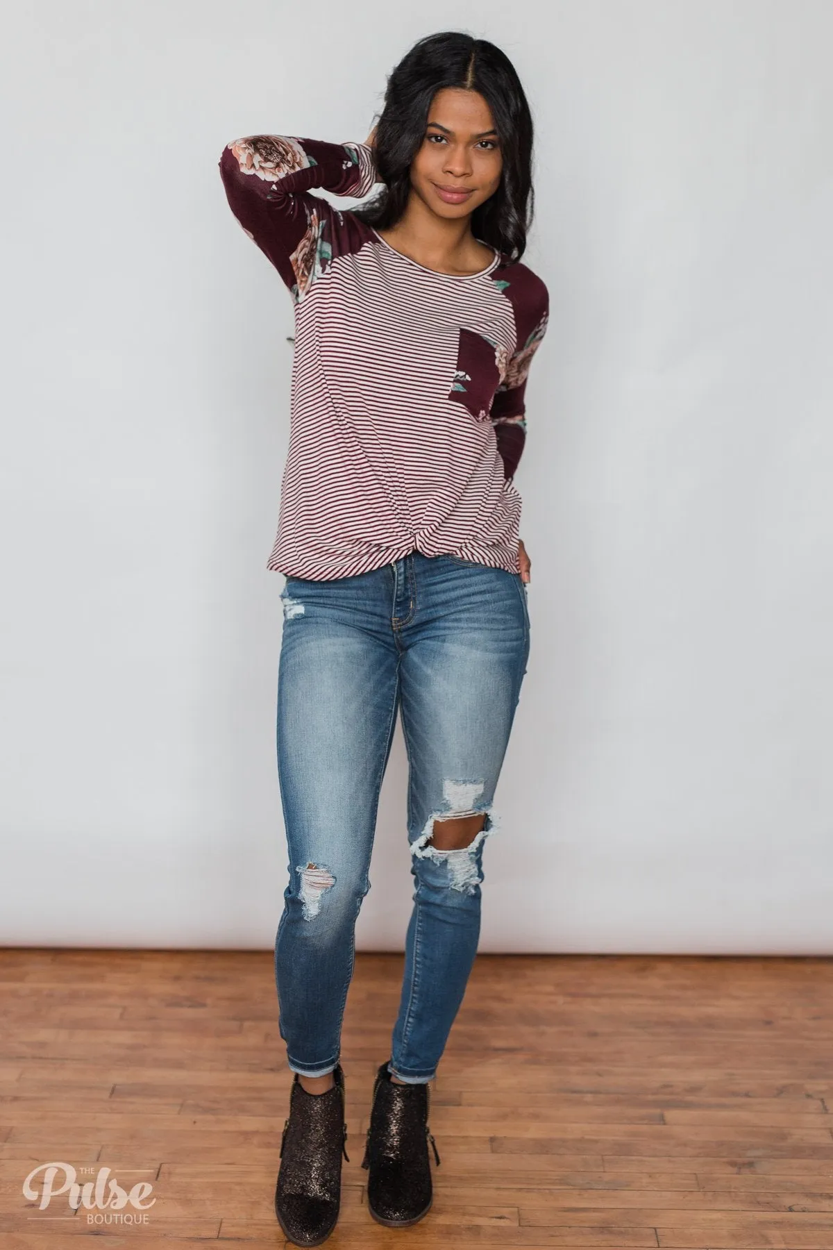 Look to You Floral & Striped Knot Top- Burgundy