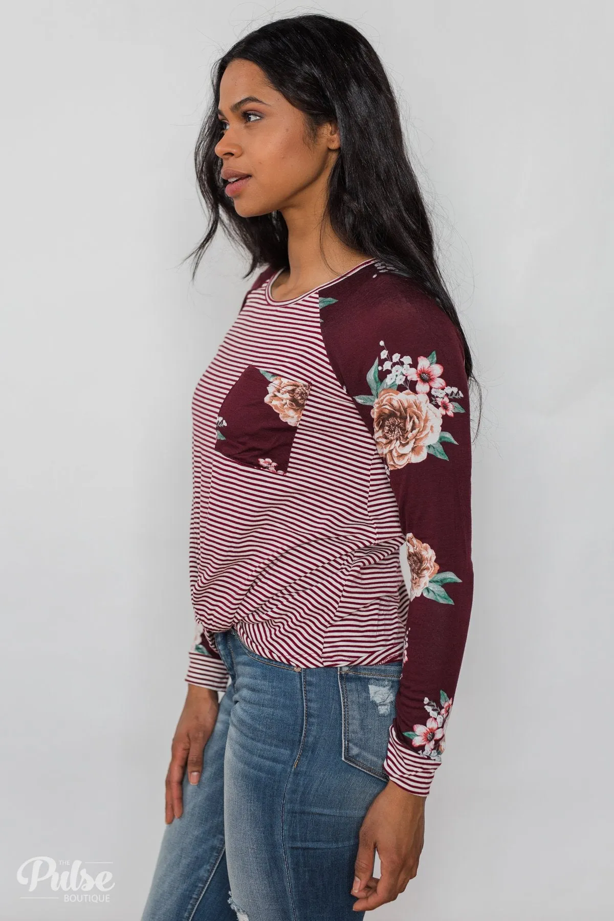 Look to You Floral & Striped Knot Top- Burgundy