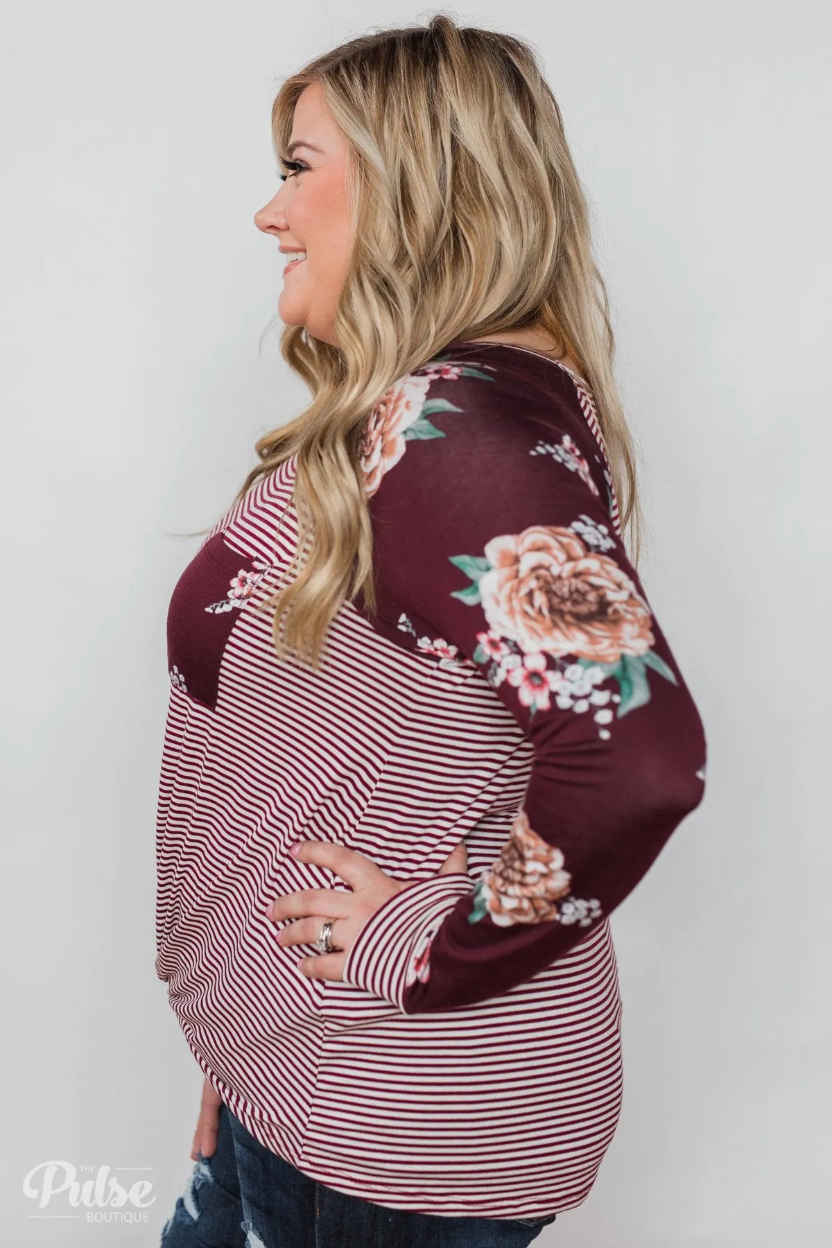 Look to You Floral & Striped Knot Top- Burgundy